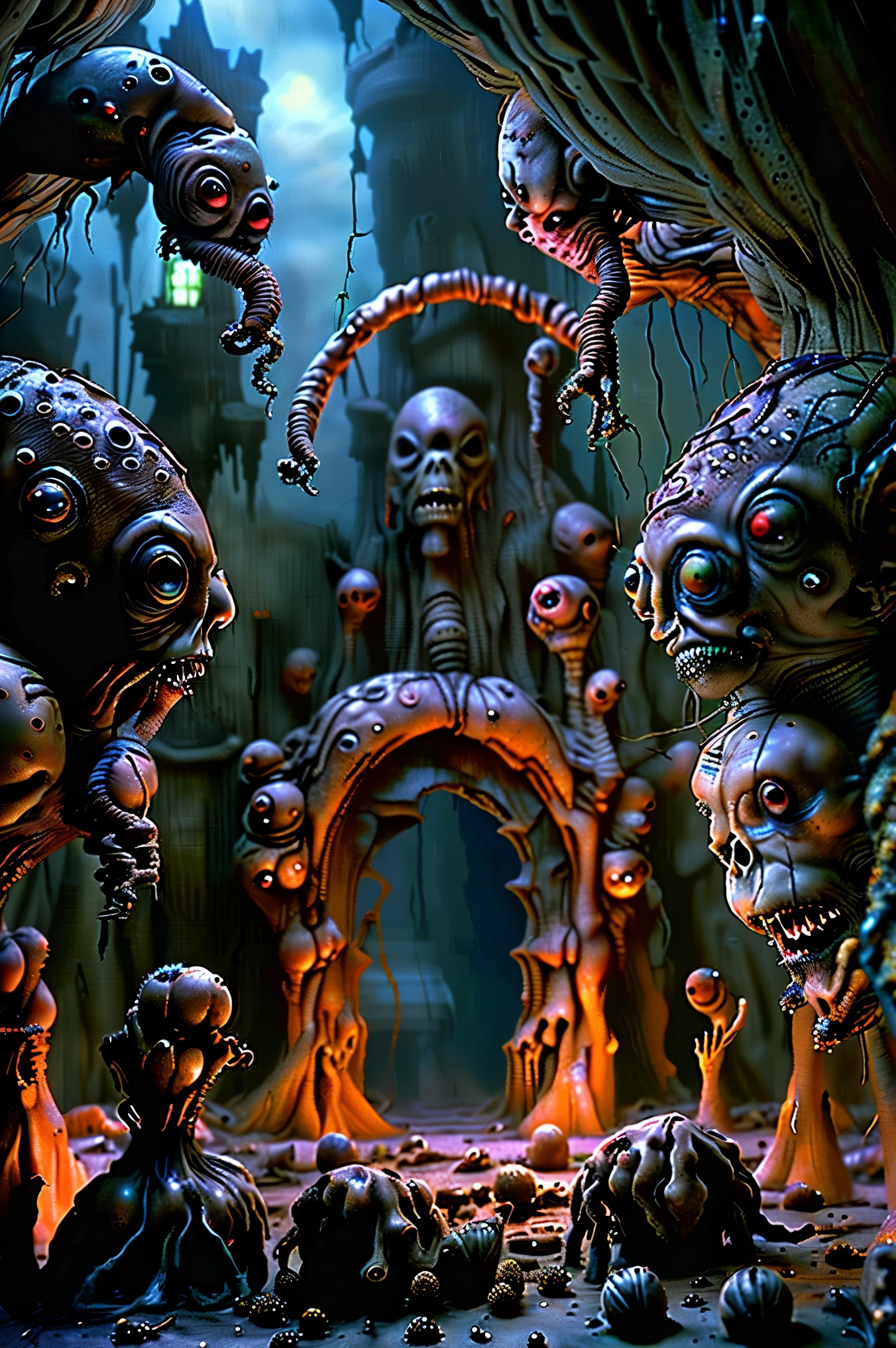 Faces grow wherever they can, organic creatures search for food and blood, hyperrealistic, not ultra materialistic, unless the material is someone to devour, sharp teeth and watchful eyes, SPY and NOT ART are both SATAN. Intricate hyper-detailed portrait, highly realistic, masterpiece, 8k, physically-based rendering, sharp focus, vivid colors, dark fantasy, gothic, moody lighting, dramatic atmosphere, decaying nature, twisted organic forms, ominous colors, haunting mood, sinister undertones, surreal details, grotesque yet beautiful.Haunting apocalyptic landscape,strange creatires,graveyard,haunted forest,mist,horror,spooky atmosphere,creepy,gothic,moody,dramatic lighting,cinematic,masterpiece,8K,highly detailed,photorealistic,professional movie quality,
Cinematography, full focus, highest quality images,
Ultra-detailed, realistic, hyperrealistic Show these creatures with more clearly defined faces and enhance whatever kind of mutated bodies they may have. Clear up any blurry parts, and set some kind of final background in place. Full focus! No blurred images, color correction. horror scene, ghostly apparitions, grim atmosphere, decaying ruins, ominous skies, haunting moonlight, detailed ghastly figures, photorealisticdetailed, fantasy horror scene,ghostly apparitions,grim atmosphere,decaying ruins,ominous skies,haunting moonlight,detailed ghastly figures,8K,HDR,ultra-detailed,physically-based rendering,professional,vivid colors,
Brighr vibrant colors,dramatic lightingCreatures' faces appear everywhere,
Claymation impregnation,
Apocalyptic nation,
Creepy crawler infestation
Ultra-detailed, ultra-realistic, photo-realistic, cinematic lighting, cinematic portrait, portrait photography