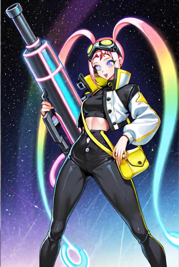 Neo girl, tall slim curvy body, glowing rainbow eyes, black tight crop top (inner), black unbuttoned jacket with a large collar (outer), black unbuttoned loose and oversized black pants, sling bag, black pants, a giant tank gun weapon, celestial, bright neon, funky expression, tounge out, , goggles (on forehead)