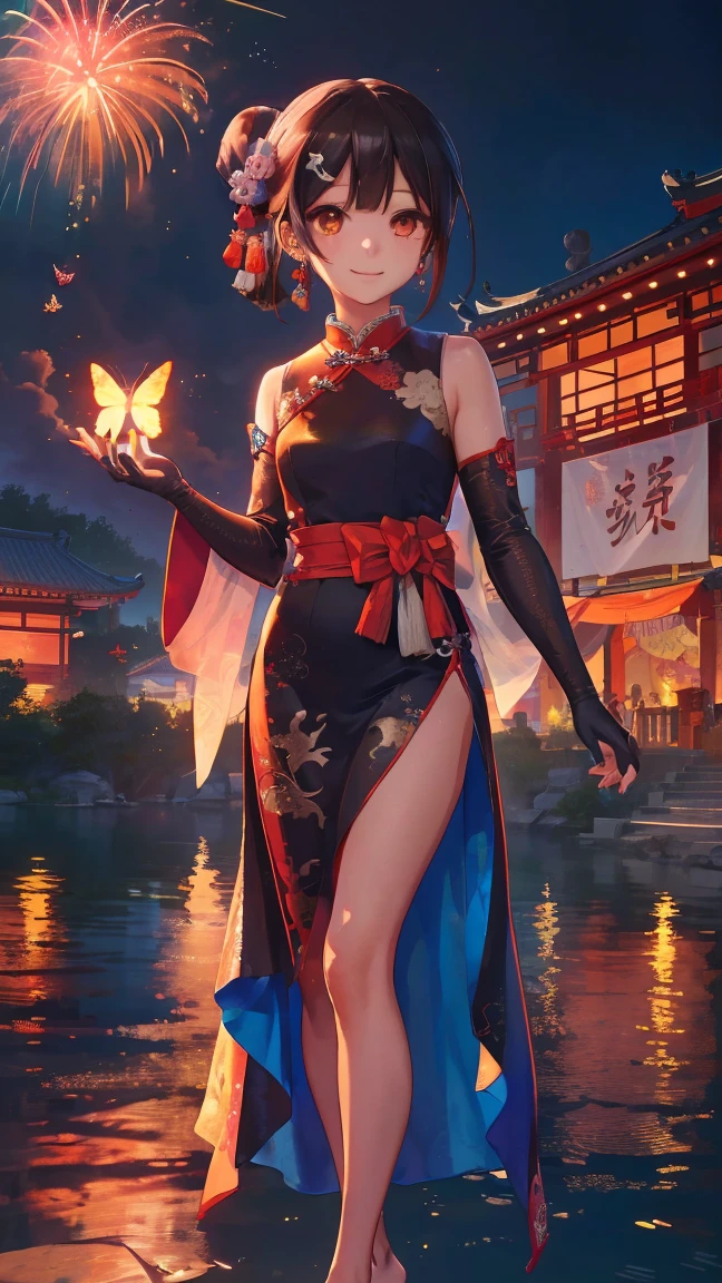 masterpiece,best quality,official art,extremely detailed CG unity 8k wallpaper, (wide shot),1girl, (Miyu Edelfelt),,black hair,brown eyes,seductive smile,(cleavage cutout), barefoot, see-through dress, butterfly, butterfly hair ornament, backless dress, sheer see-through provocative chinese clothes,sleeveless, double bun,golden dragon print,bare foot,spread legs,elbow gloves,hair bun, hair ornament,jewelry,earrings,bead anklet,slim legs,nail polish, large natural breasts, solo, toenail polish, toenails, toes, twintails,outdoor,Chinese style architecture, Chinese style, lake, ancient town, beautiful and meticulous water,the red lantern,fireworks, flashing pussy to viewer, cowboy shot