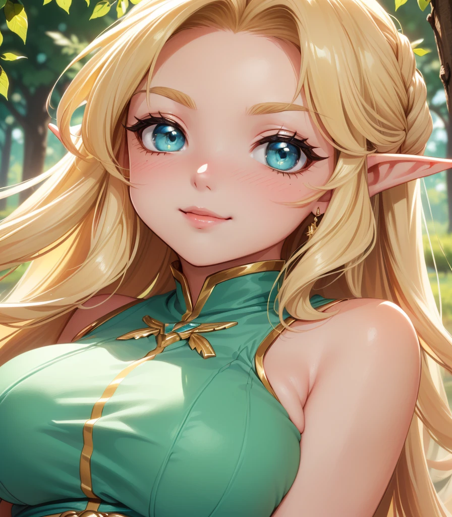 score_9, score_8_up, score_7_up, boring_sdxl_v1, looking at viewer, elf, blonde hair, straight hair, bangs, long hair, blush, (blurry background, forest background, trees, simple background ), masterpiece, high quality, large eyes, pointy ears, , , choker, volumetric lighting, cinematic lighting, 1girl, neolight, , ponytail, happy, smile, fancy dress, elf princess, tiara, high class woman, upper body, white tights, boots, one arm up
