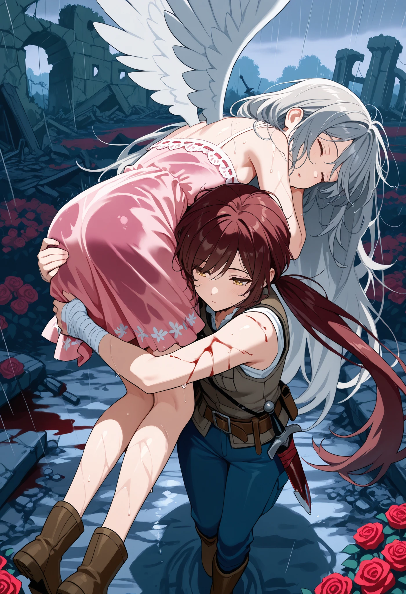 (masterpiece:1.2, Best Quality), (finely detailed beautiful eye: 1.2), (beautiful detailed face), carrying, carrying over shoulder, hand on ass, from above,  tired, character: brown hair , sleeping, brown eyes , very long hair , swept bangs thin , small breasts , bare shoulders , pink sundress , wings, white wings, floating in air, backless sundress , bandaged hands , spaghetti strap sundress , sundress with white frill trim , brown belt , brown combat boots , dagger sheathe attached to belt , character: thin , messy hair, yellow eyes , long hair , gray hair , low ponytail , light skin , yellow eyes , ,gray sleeveless vest with white frill trim,thin, light gray sleeveless shirt, dark blue trousers, thin legs, thin thighs, dark red swordbelt, sword sheathe, sword pommel, shade, colorful roses, field of roses, dusk, village ruins, rain, wet clothes, wet hair, wet skin, blood stains, s,