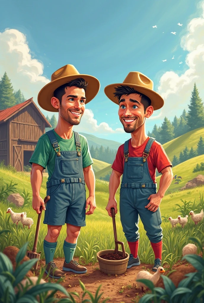 Two brother loving and caring for each other in field garden and happy for their success in garden field in front of village
