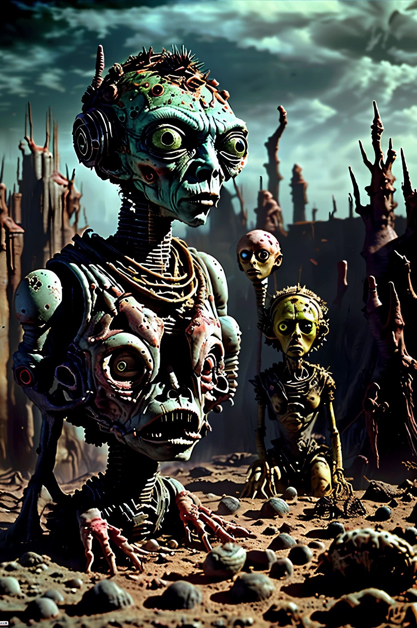 Many faces are growing wherever and on whoever they can, gothichorrorai, organic creatures search for food and blood and someone to devour, they wait with sharp teeth and watchful eyes, SPY and NOT ART are both SATAN. The bright sunlight melts their features even further in an apocalyptic desert wasteland, the mutants left on earth stay pale under the harsh light of the summer sun. The unusual and grotesque facial features of those left behind continue to change constantly, once seen as people they are now just twisted organic oddities, even to each other as they can't be recognized as human beings, just physically-based renderings, rendered to freaks. Sharp focus, apocolyptic landscape from which there is no escape. Vivid colors, etheral undertones, surreal details, grotesque yet beautiful, apocalyptic landscape, strange creatures, horror, creepy, gothic, moody, dramatic lighting, cinematic, masterpiece, 8K, highly detailed, photorealistic, professional movie quality, Cinematography, full focus, best quality, highres,
realistic, hyperrealistic. Savage, grim ghastly figures, horrorific fantasy scene, decaying ruins, 8K, HDR,
Bright vibrant colors,
Claymation impregnation,
Apocalyptic nation,
Creepy infestation
Cinematic degradation