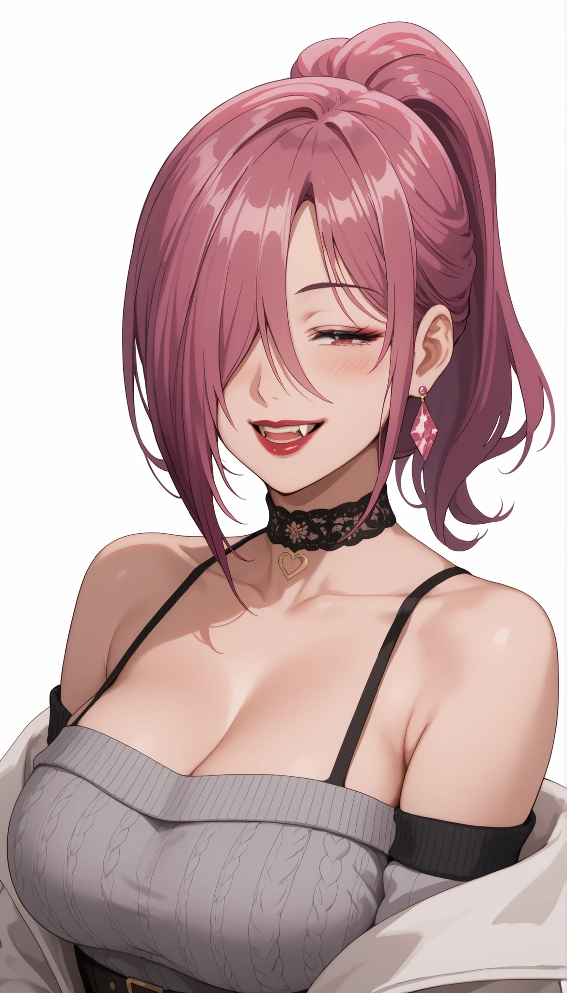 masterpiece,top quality,amazing quality,Kiki ((tenpuru)),1girl,choker,condom earrings,jewelry,pink hair,ponytail,hair covering one eye,closed eye,bare shoulders,white jacket,open mouth,fangs,white background,smile,lipstick,collarbone,one eye covered,dress,upper body,makeup,simple background,bare shoulders,grey sweater,red lips,mature woman,big breasts,G-cup breasts,facing viewer,blush sticker,teeth,bare shoulder sweater