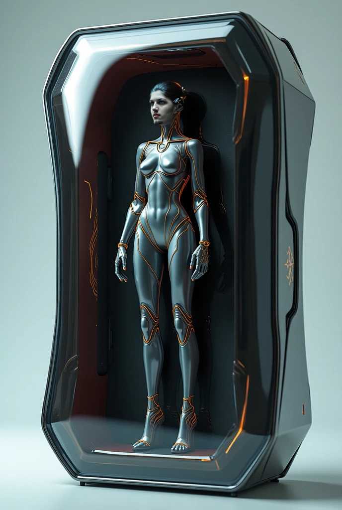 A sex-service android packed in a giant duralumin case、Wearing default shorts and crop top、buffer material:1.4、attachment、Expressionless、Skin texture is the same as human、Beautiful, detailed face and eyes that men will love、Beautifully detailed mouth 、Beautifully detailed décolletage、Beautifully detailed large breasts、Beautifully detailed cinched waist、Beautifully detailed navel、Beautifully detailed thighs