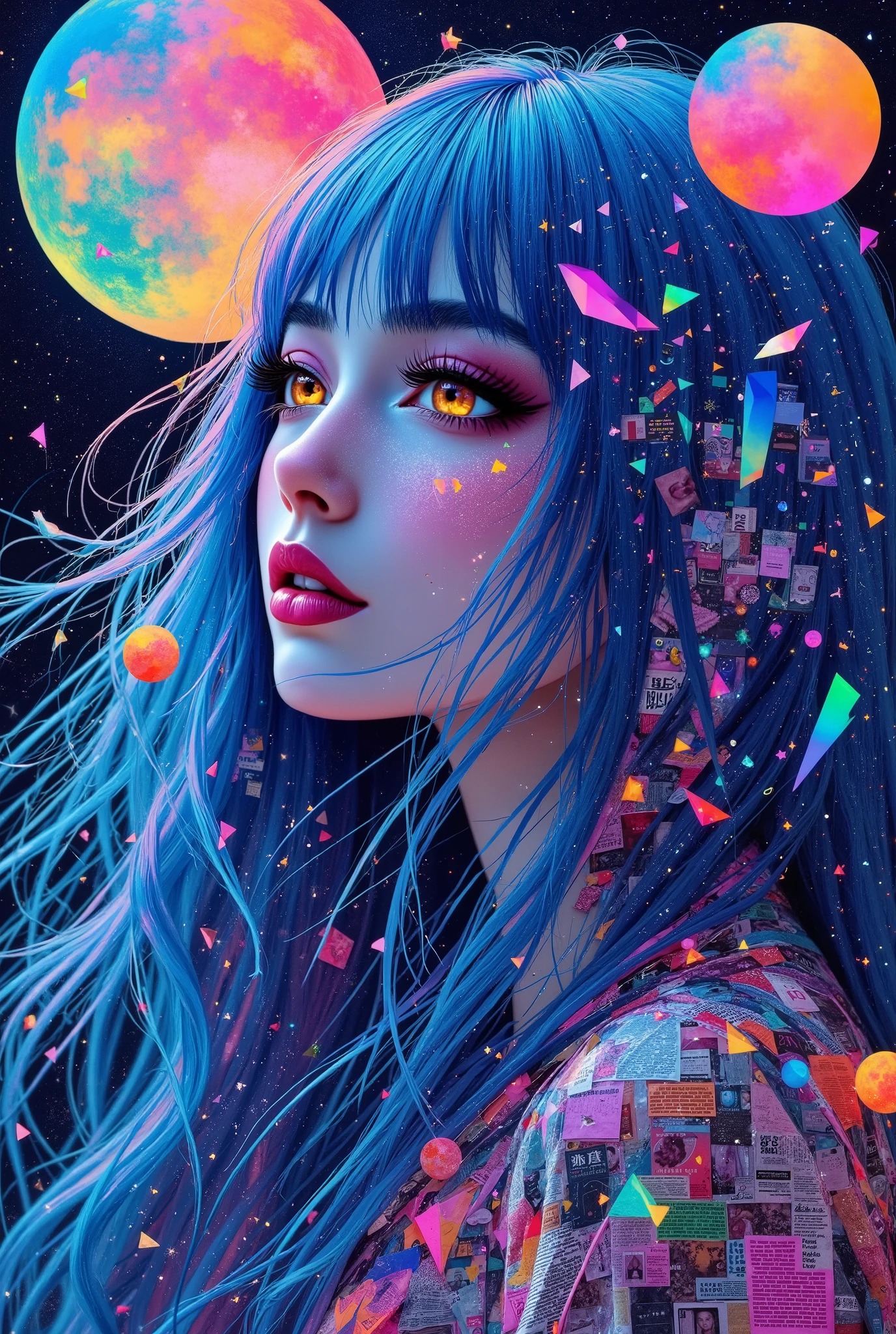 High-resolution collage-inspired work (8K) in the style of Crystal Cubism, displayed photorealistically. anime-style Japanese women with blue-pink hair Geometric shapes, crystal facets, and translucent shapes intertwined and overlapping, creating complex three-dimensional compositions. Newspaper clippings, that is fragmented and arranged with cercle mat, forming textured patterns in intricate designs, that adds an impression of time and cultural context. Fragmented musical notes, displayed with luminous jewel color gradients, intertwined, Its intricate shapes hint at hidden musical scores, creates rhythmic dynamism in static elements. The aerial perspective produces a dramatic light, illuminated by excited moonlight, creates a striking yet beautiful contrast between sharp, almost sculptural geometric figures and the soft, fuzzy bokeh of the midnight sky in the background. Central figures, displayed with meticulous photorealistic detail, embody the essence of the human form, capture their complex emotions and postures
A vibrant high-resolution (8K) collage-inspired work in Crystal Cubism style, rendered photorealistically. Anime-style Japanese woman with pink-blue hair Geometric shapes, crystalline facets, and translucent forms intertwine and overlap, creating a complex three-dimensional composition. Newspaper clippings, carefully fragmented and arranged, form textured patterns in intricate designs, adding a sense of time and cultural context. Fragmented musical notes, rendered in luminous jewel-toned gradients, intertwine, their intricate shapes hinting at a hidden musical score, creating rhythmic dynamism within the otherwise static elements. The aerial perspective creates dramatic light, illuminated by moonlight, creating a stark yet beautiful contrast between the sharp, almost sculptural geometric figures and the soft, hazy bokeh of the midnight sky in the backgrou