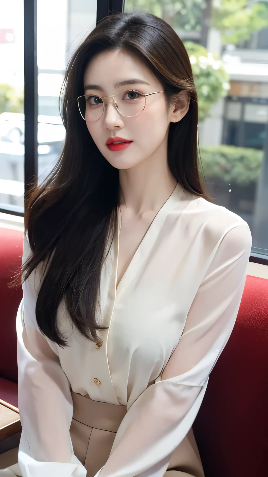 In Tokyo's vibrant streets, an alluring young woman stands before a serene cafe window, bathed in warm morning light. Her radiant porcelain skin glows with subtle highlights as she wears a sheer white blouse, accentuating her toned physique and delicate features. Her expressive brown eyes gaze directly at the viewer through modern Koraen glasses, framing her captivating smile and deep red lips that exude magnetic beauty against a backdrop of glamour and timeless elegance.