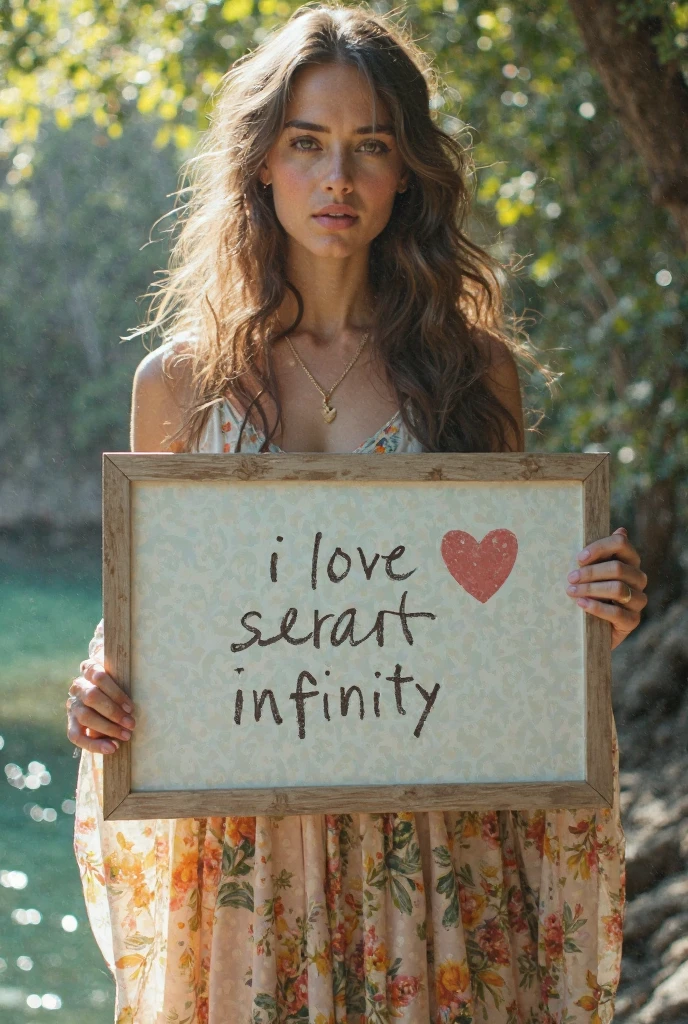 Beautiful girl with wavy long hair, bohemian dress, holding a white board with text "I Love Seaart Infinity" and showing it to the viewer