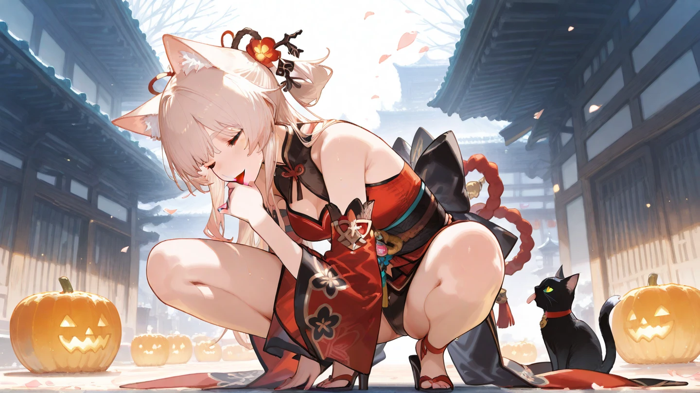 White skin, (Fox ears), Exquisite eyes,Red Eyeshadow, Red lips,Fake laugh, Ukiyo-e, masterpiece, ((high quality)), shirtlift, at the lowest limit, Tiny,White boots,Huge breasts,Bare shoulders,,Lace,Lace stockings,Lace skirt