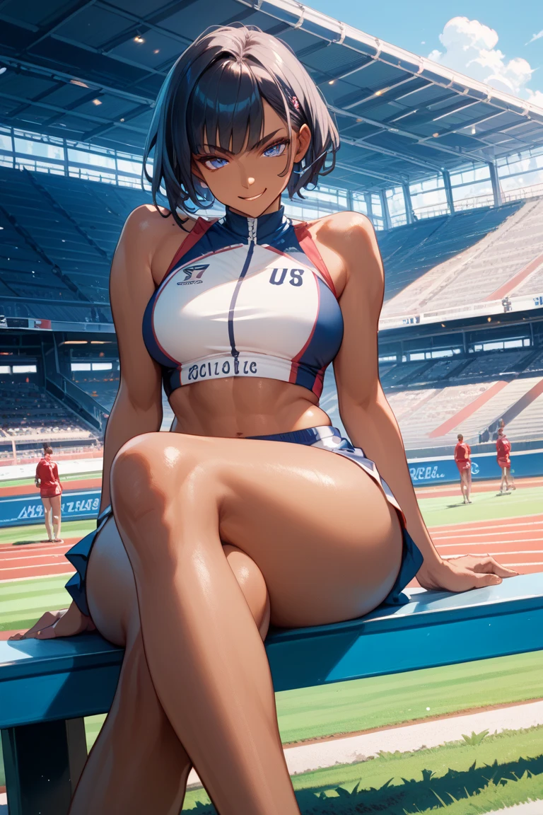 (Best quality, 8K, Masterpiece:1.3, 1 girl, solo, Beautiful girl), cute, Dynamism, Detailed face, Detailed skin, detailed clothes, Detailed eyes, Detailed lips, Detailed tongue, Detailed fingers, Detailed mouth, Photorealistic, Raw photo, highres, hight resolution, Natural lighting, dynamic pose, perfect anatomy, toned legs, double eyelids, tear bags, round eyes, moist lips, sweaty, ecstatic face, american football uniforms, american-football gear, toned abs, buruma, camel toe, football stadium, large breasts, wet body, sheer wet, crouching with one knee, from below, pixie cut
