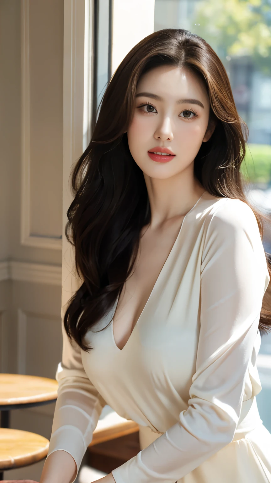 (RAW Photos), (Realistic), (masterpiece), (highest quality), High resolution, 8k, (Intricate details), (Volumetric Light), Portraiture, woman, Age 35, Medium Hair, Straight hair, Medium Chest, Accentuate your cleavage, Layered Hair, Brown Hair, Very beautiful eyes, Source order, Very thin eyebrows, Very fine skin, Very beautiful mouth, Very nice nose, Cute like an idol, smile, (Thick lips), (Looking at the audience), (White Collar Dress Shirt), Above the knee shot,