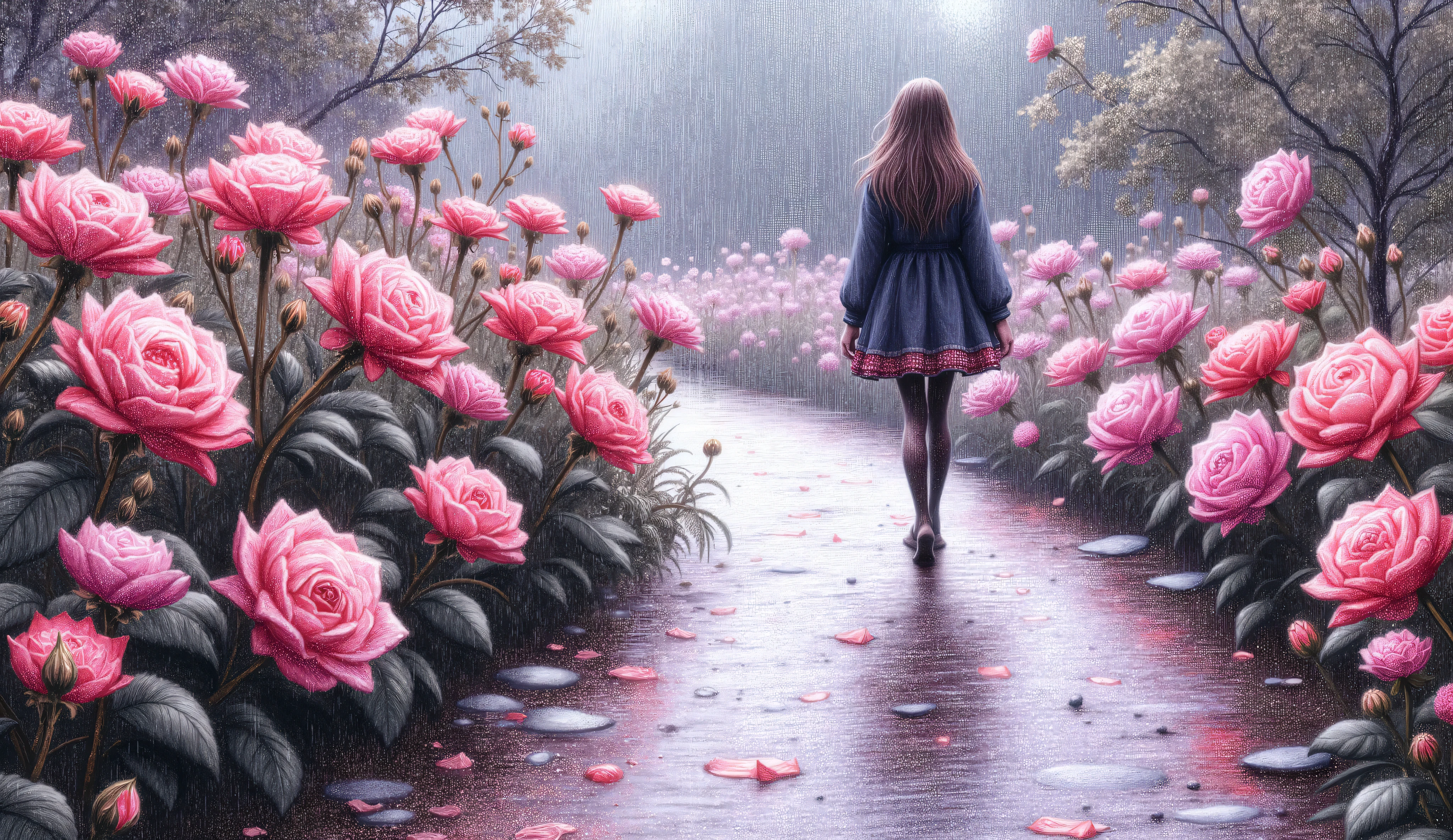 oil pastel, dark background, a girl in the distance walks in curve way in a rose garden at dusk, it is raining, and her clothes are wet, the flowers along the path are wet, and the wet ground reflects the girl and the flowers.: by james jean, gaston bussiere, greg rutkowski, concept art artgerm, volumetric light, hajime sorayama, Canon50