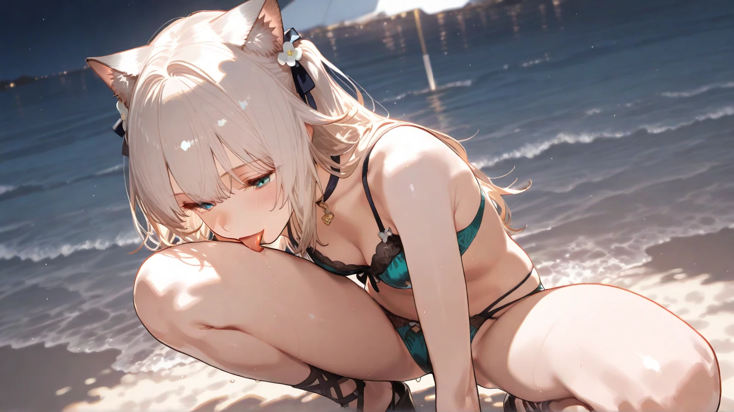 masterpiece,1girl,solo,white hair,twintail,cat ears,blush,open mouth,navel,cleavage, sarashi,(kneeling:1.3),  bondage,((shibari)),bound, (arms behind back:1.3), rope