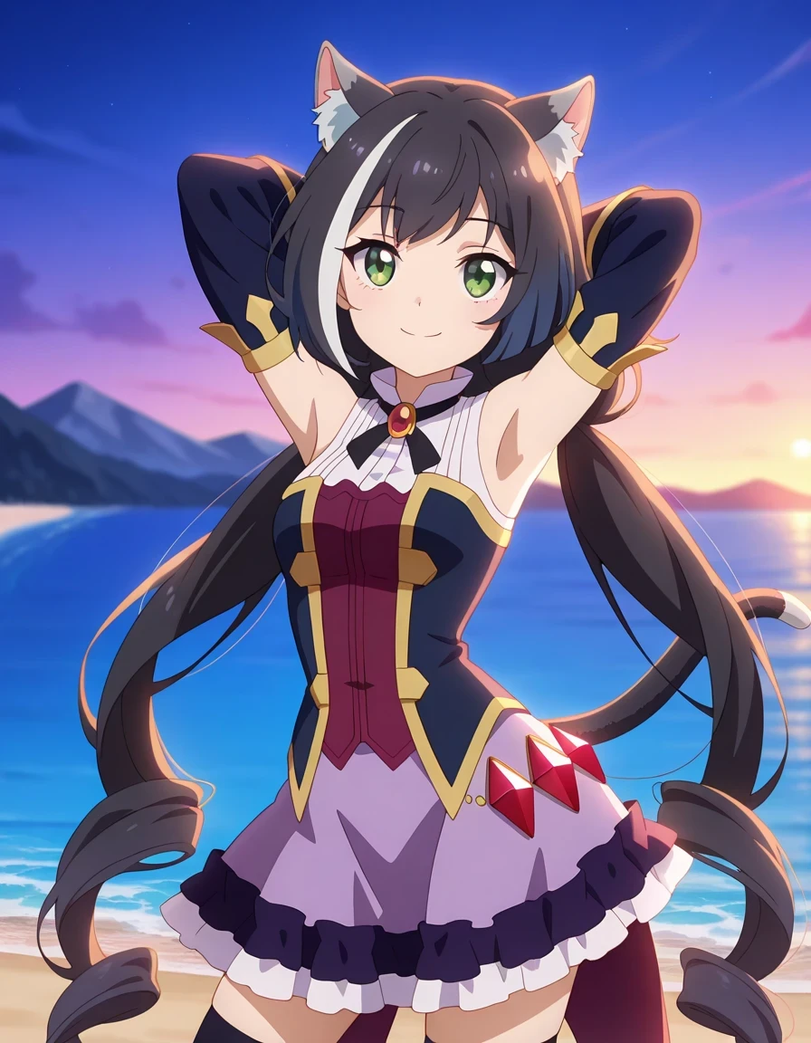 anime screencap, masterpiece, best quality,
1girl, solo, closed mouth, smile,
long hair, streaked hair, black hair, white hair, low twintails, green eyes, cat ears, cat tail,
KarylDress, multicolored dress, red brooch, detached sleeves, gold trim, red gemstone, frilled skirt, purple skirt, black thighhighs,
cowboy shot, night sky, beach, hands behind head, ((contrapposto)), looking at viewer, smile,
blurry background, mountainous background, scenery, day