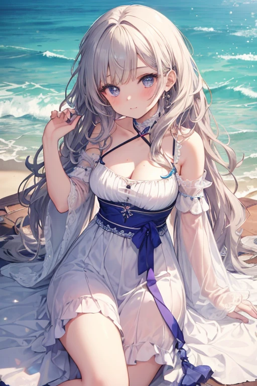 masterpiece、landscapes((Mysterious Sea、sand beach))、、a beauty girl、Longhaire、onepiece、hair adornments