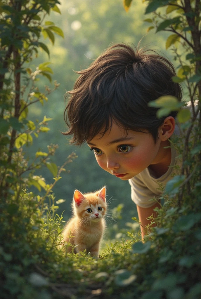 Realistic portrait of a seven year old boy, He wears a red shirt . Your face is and exploratory . He cautiously goes out into the garden of the house, A small cat is among the bushes and he touches it cautiously ,Not facing the camera,, Hair is messy ,