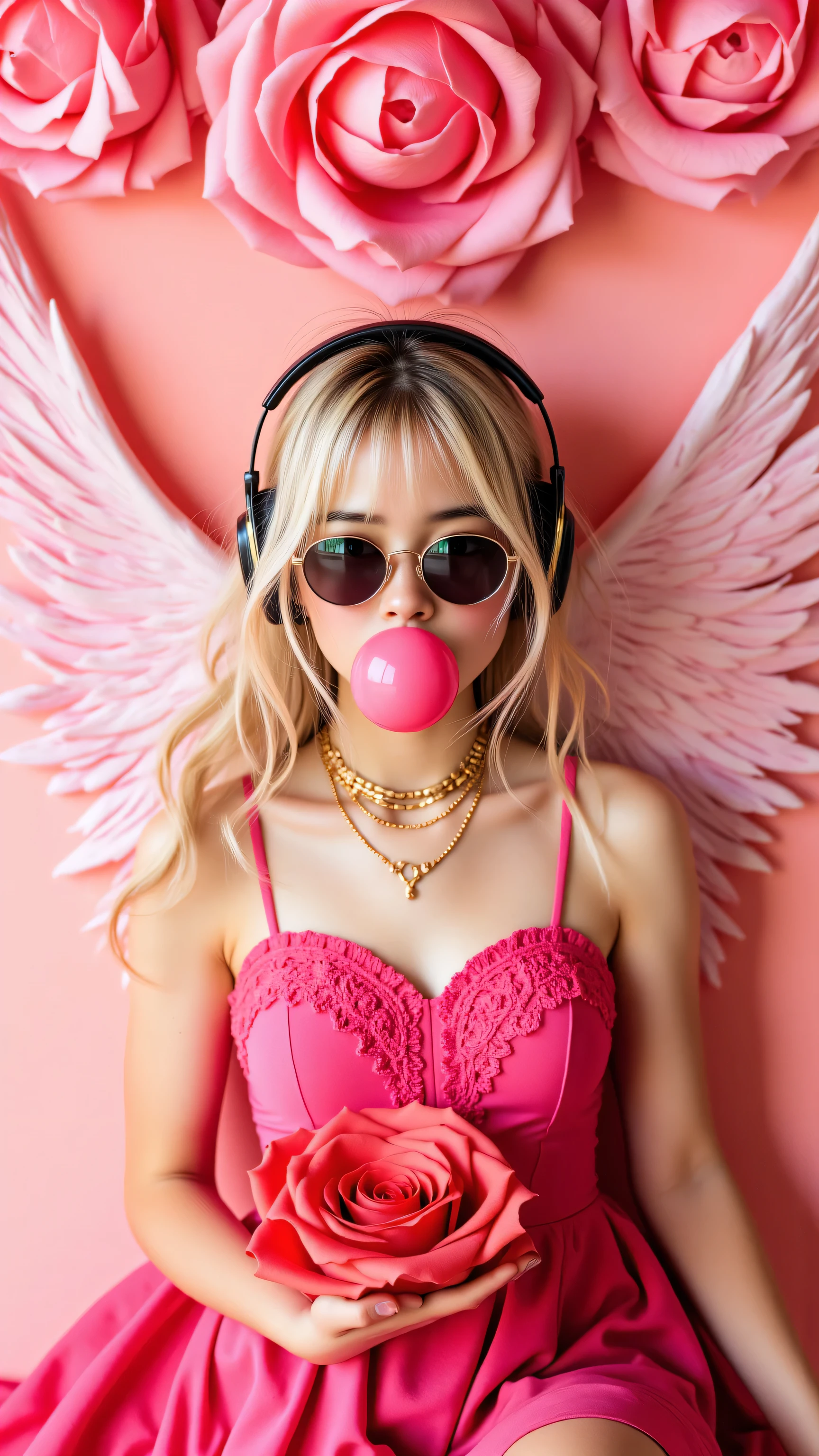 8k, Masterpiece, Top Quality, High-angle, frontal,  woman, blonde,  angel wings, headphones, sunglasses, bubblegum, pink dress, giant red rose, gold necklaces, ornate, rococo, giant red rose, pink background, serene, gentle pose.