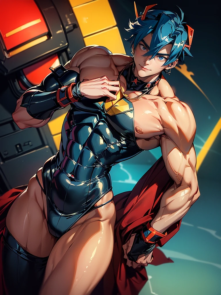 A tall muscular boy , Naked , Legs spread , impact , Sweaty , Wet , Seductive , Bigboobs , large bulge , big balls , look from down , From the knees , big assa,mechs,punky style