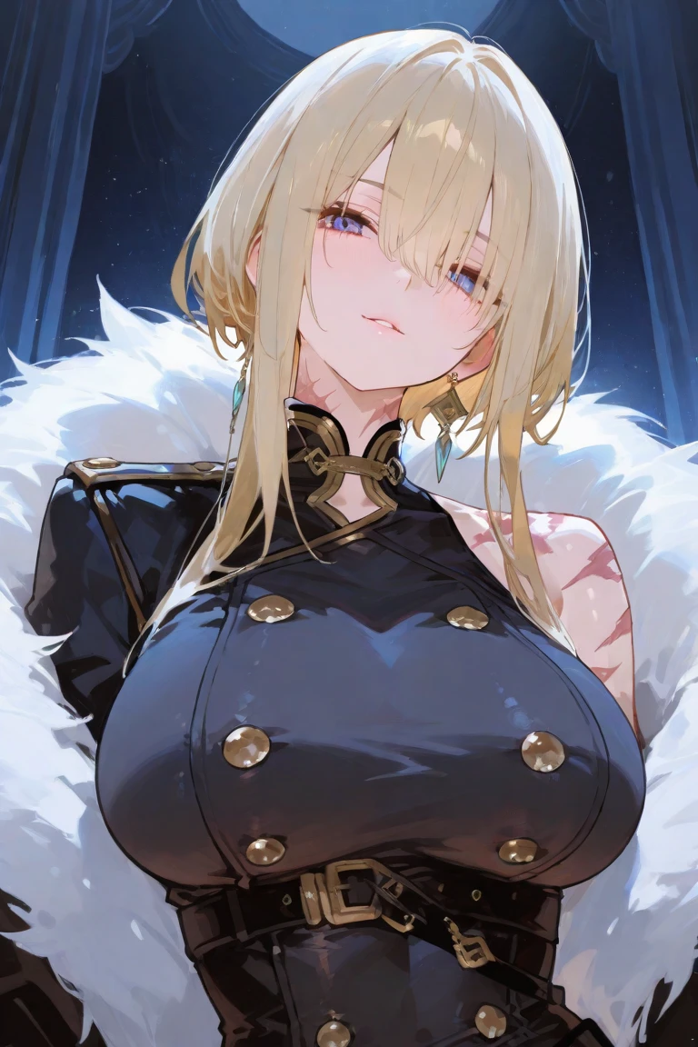 1 girl, breasts, short hair, blue eyes, blond hair, hair ornament, animal ears, cat ears, Very detailed, big breasts, Yandere, mischievous, Military woman in very revealing sexy uniform