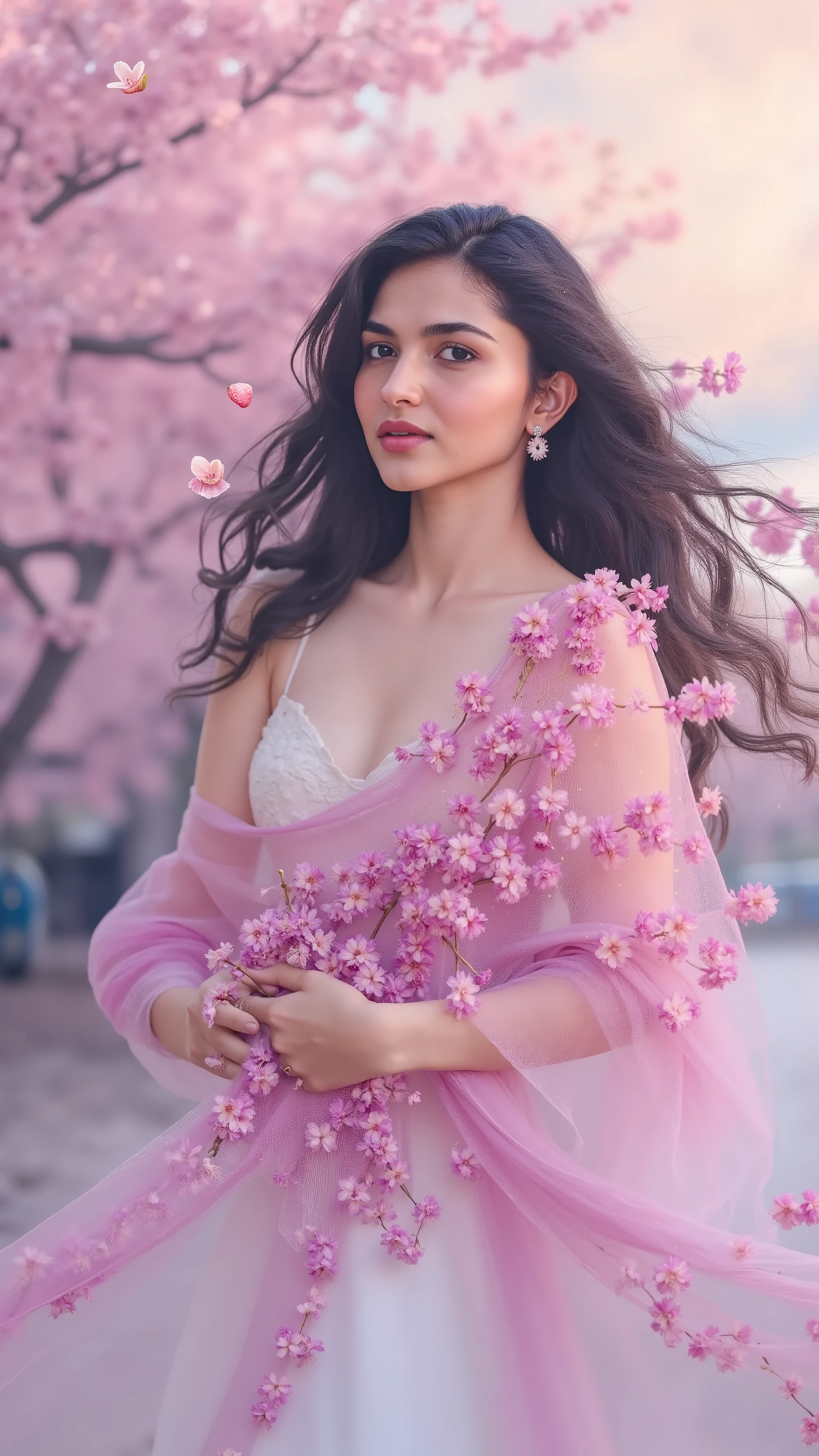 An ethereal woman floats weightlessly in a dreamlike landscape, wrapped in a flowing, cloud-like cloak of pastel cherry blossoms in varying stages of bloom—buds, open petals, and fallen flowers swirling gently around her. Her expression is calm and introspective, her long black hair softly tangled with tiny blossoms and trailing like smoke. The entire scene has a painterly quality, with watercolor textures and a soft lavender and peach sky fading into white mist. Cherry blossom trees in the background are blurry and abstract, adding to the surrealism. The lighting is ambient and diffused, giving the flowers and her skin a soft, luminous quality, while golden pollen particles float through the air
