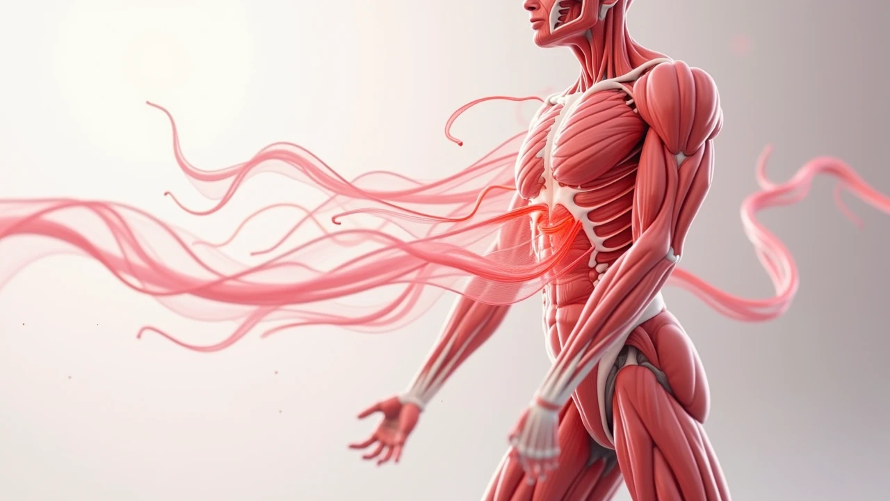 Create an awe-inspiring image featuring accurate human anatomy. Picture a dynamic scene where an anatomically detailed human figure is caught in mid-motion, showcasing the intricate muscle groups and skeletal structure. The figure should be engaged in a powerful and graceful activity, such as leaping or stretching, to highlight the beauty and complexity of the human body. Surround the figure with an ethereal, abstract background composed of swirling colors and patterns that represent the flow of energy and life force. Use vibrant and contrasting colors to accentuate the muscles, veins, and bones, creating a striking visual effect. The entire image should evoke a sense of admiration for the human form, blending scientific precision with artistic creativity to create a masterpiece that celebrates the wonders of human anatomy.