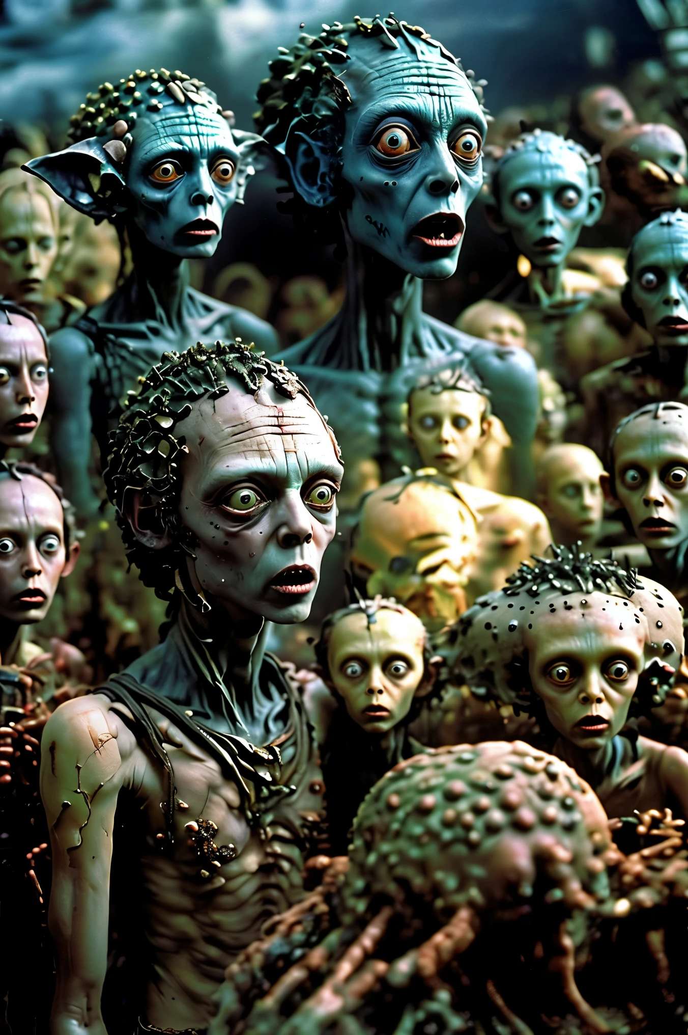 Bizarre hyperrealistic sculpture of a woman and a man changed into bizarre beings. Use a completely black background for contrast. Life forms form life and from form can come morf spelled morph. Stop motion still life characters, can't move or morph, abstract claymation can move too much and can melt. It's weird how weird art pieces from sculpture to claymation are the same but different and set in stone yet flow with animation and bring out such elation. Ultra-realistic,photo-realistic,cinematic photography,cinematic lighting, cinematic portrait, portrait photography,ethereal atmosphere, ultra detailed, 8K, hyperrealistic, intricate textures, mystical, surreal, yet so real, etheral and in the real, how bizarre, how bizarre.