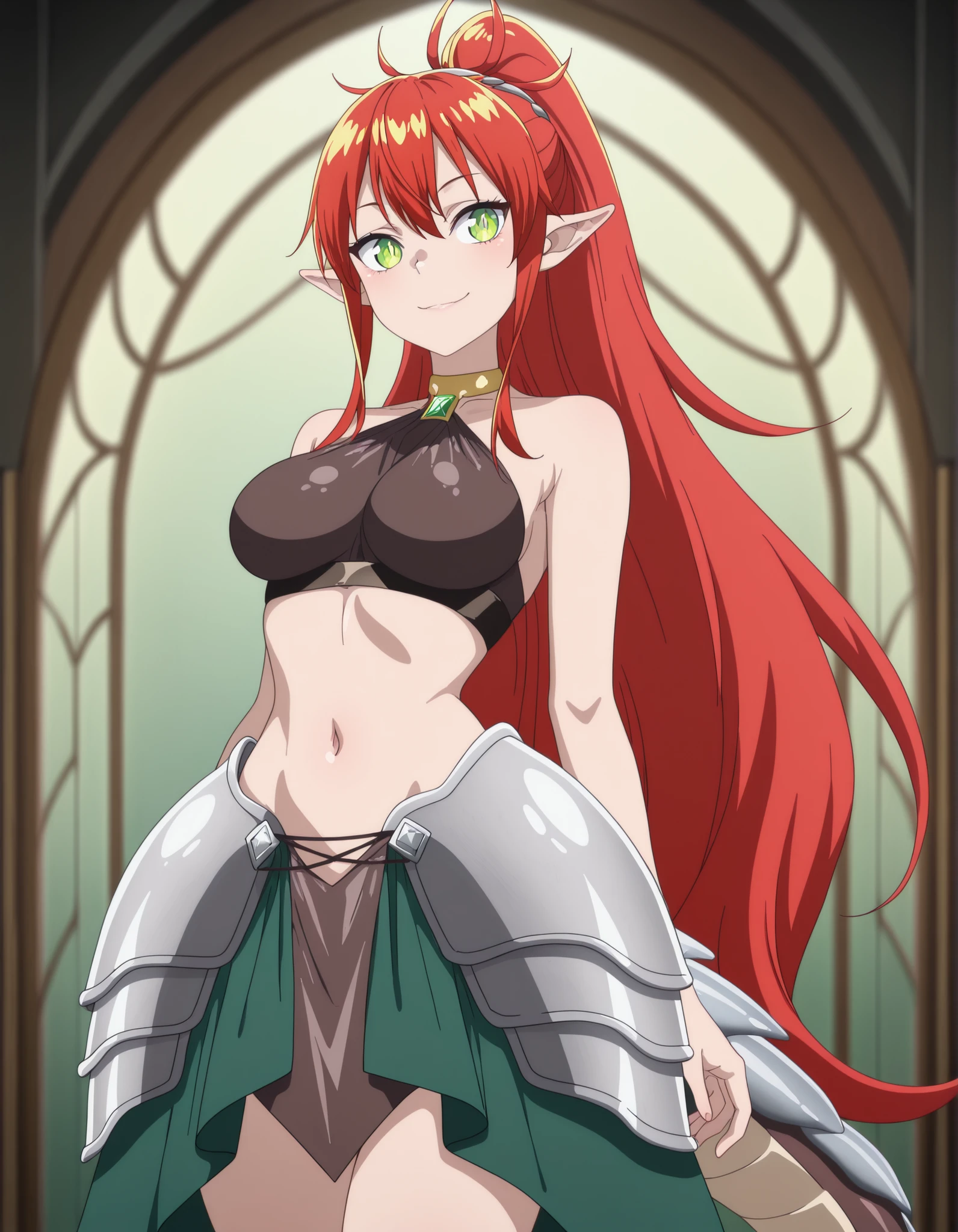 (masterpiece: 1.2),(best quality: 1.2),(very aesthetic: 1.2),(absurd: 1.2),(detailed background),latest,intricate details,perfect anatomy,Ulmandra,((one girl)),pointy ears,smiling,facing front,green cocktail dress,long hair,solo,red hair,green eyes,dragon girl,navel,tail,ponytail,gem,abdomen,very long hair