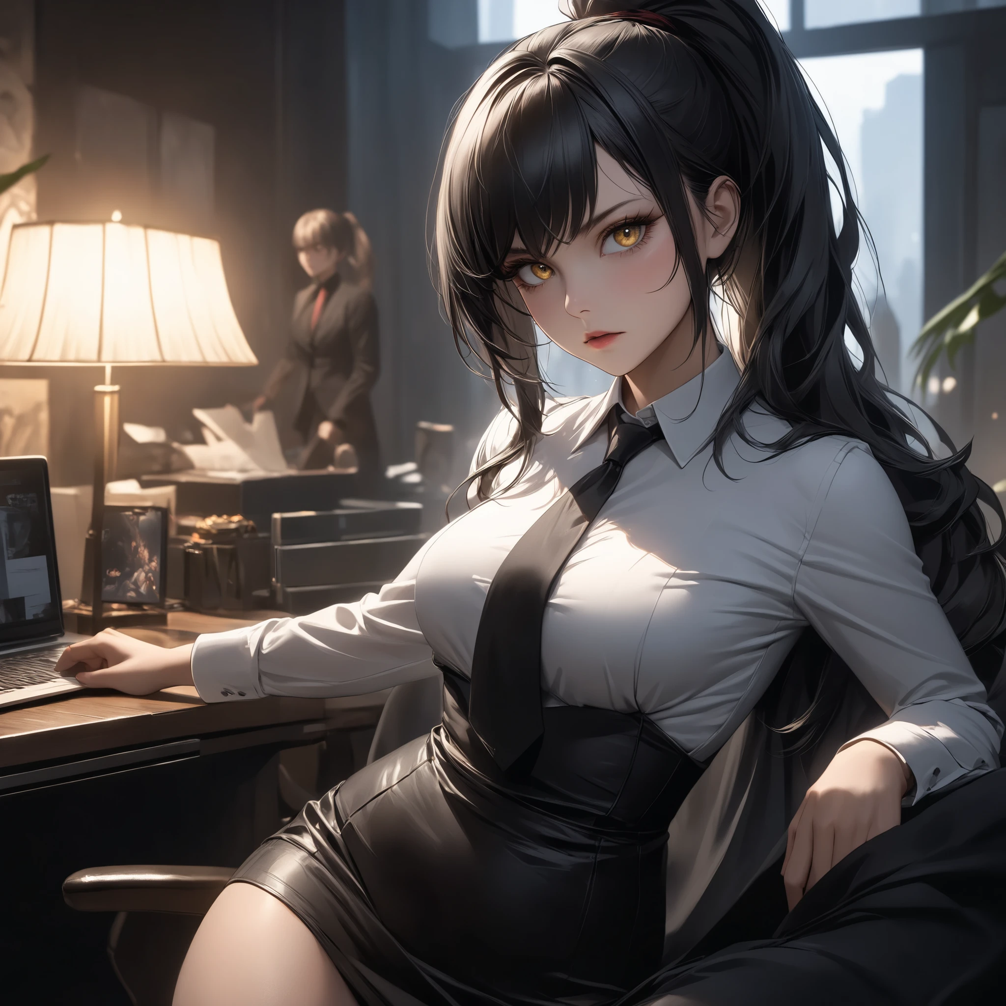 ((extreme quality)), ((Masterpiece)), ((Enrich the picture,Masterpiece level quality)), black hair, high ponytail, medium breasts, golden eyes, fierce woman, ultra eyes details, RAW 4K, Realistically , ((great effect to highlight the subject)) , ( cinematic lighting, moody, textile shading), perfect proportions, ultra detailed, volumetric lighting, soft lighting, glossy skin, beautiful face, Special face details, strong emotions, elegant gesture, Detailed facial features, Long eyelashes, contrast, Incredible atmosphere, Fascinating setting, Haunting beauty , black mini skirt, sexy white shirt , mafia suit , necktie , mini black skirt , office ,