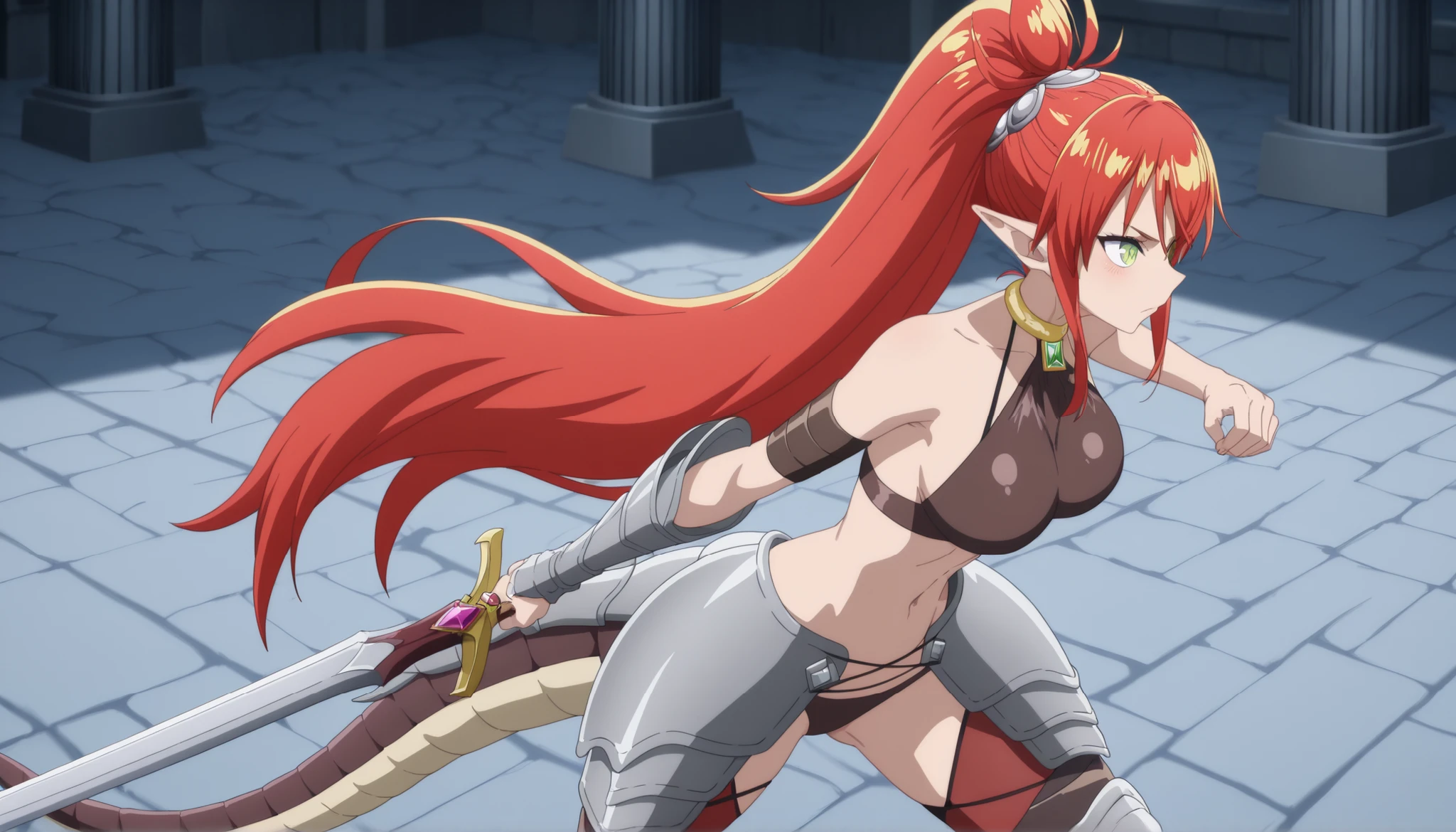 (masterpiece: 1.2), (highest quality: 1.2), (very aesthetic: 1.2), (absurd: 1.2), (detailed background), latest, intricate details, perfect anatomy, ulmandra, ((single girl)), pointy ears, long hair, solo, holding sword, fast-paced fight scene, red hair, green eyes, dragon girl, belly button, tail, ponytail, gemstones, abdomen, armor, very long hair