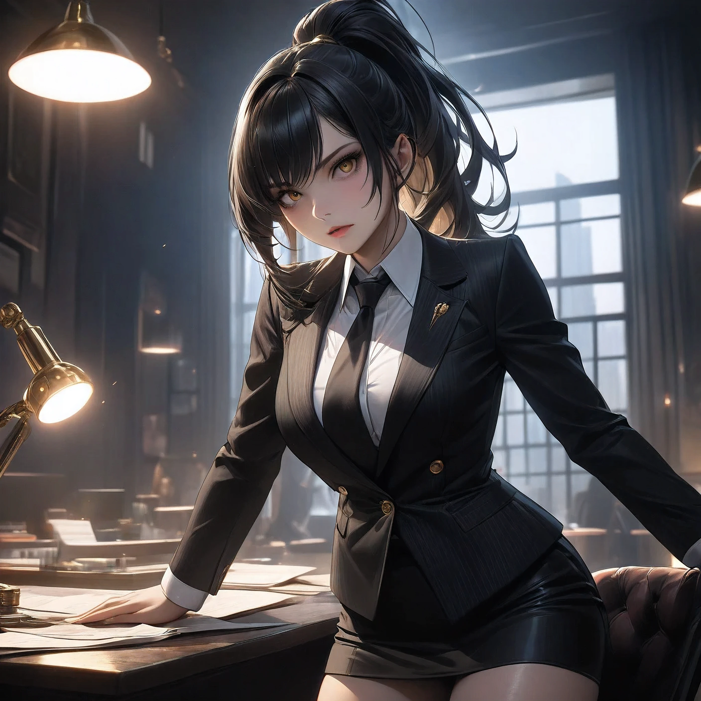 ((extreme quality)), ((Masterpiece)), ((Enrich the picture,Masterpiece level quality)), black hair, high ponytail, medium breasts, golden eyes, fierce woman, ultra eyes details, RAW 4K, Realistically , ((great effect to highlight the subject)) , ( cinematic lighting, moody, textile shading), perfect proportions, ultra detailed, volumetric lighting, soft lighting, glossy skin, beautiful face, Special face details, strong emotions, elegant gesture, Detailed facial features, Long eyelashes, contrast, Incredible atmosphere, Fascinating setting, Haunting beauty , black mini skirt, sexy white shirt , mafia suit , necktie , mini black skirt , office , mafia boss,