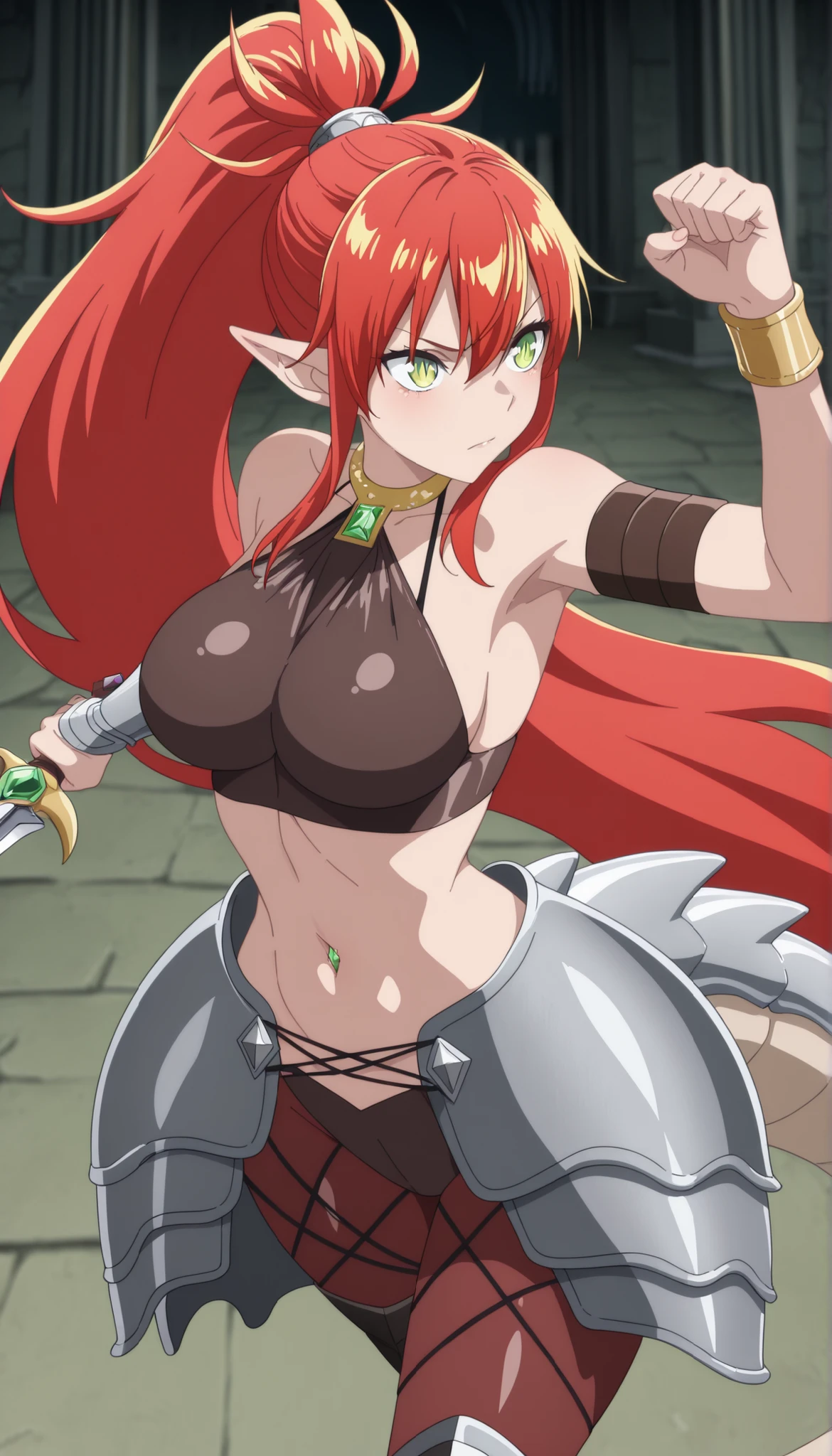 (masterpiece: 1.2), (best quality: 1.2), (very aesthetic: 1.2), (absurd: 1.2), (detailed background), latest, intricate details, perfect anatomy, ulmandra, ((one girl)), pointy ears, long hair, solo, holding sword, fighting, sense of speed, red hair, green eyes, dragon girl, belly button, tail, ponytail, gemstones, abdomen, armor, very long hair