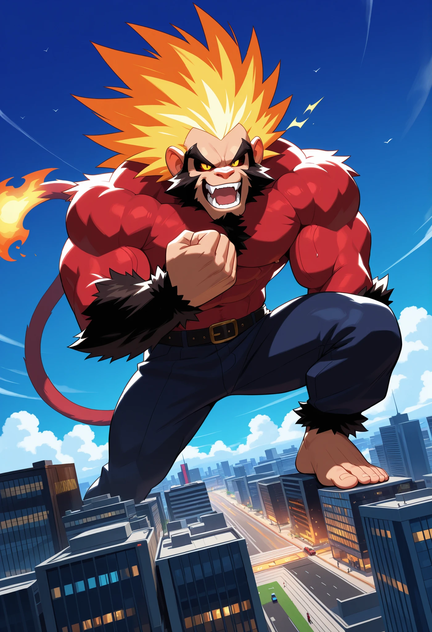 Macro growth cinderace (Pokémon) adult man,super muscular, in blue underwear without a shirt ,red blush doubles 2 boy (1 macro e 1 micro) towering over an urban landscape, kneeling on all fours while interacting with the buildings and streets below. The background shows a clear blue sky with some distant clouds and skyscrapers. The immense size contrasts dramatically with the comparatively small buildings and vehicles below .correct anatomy correct legs height full body detailed eyes detailed body detailed face detailed background
