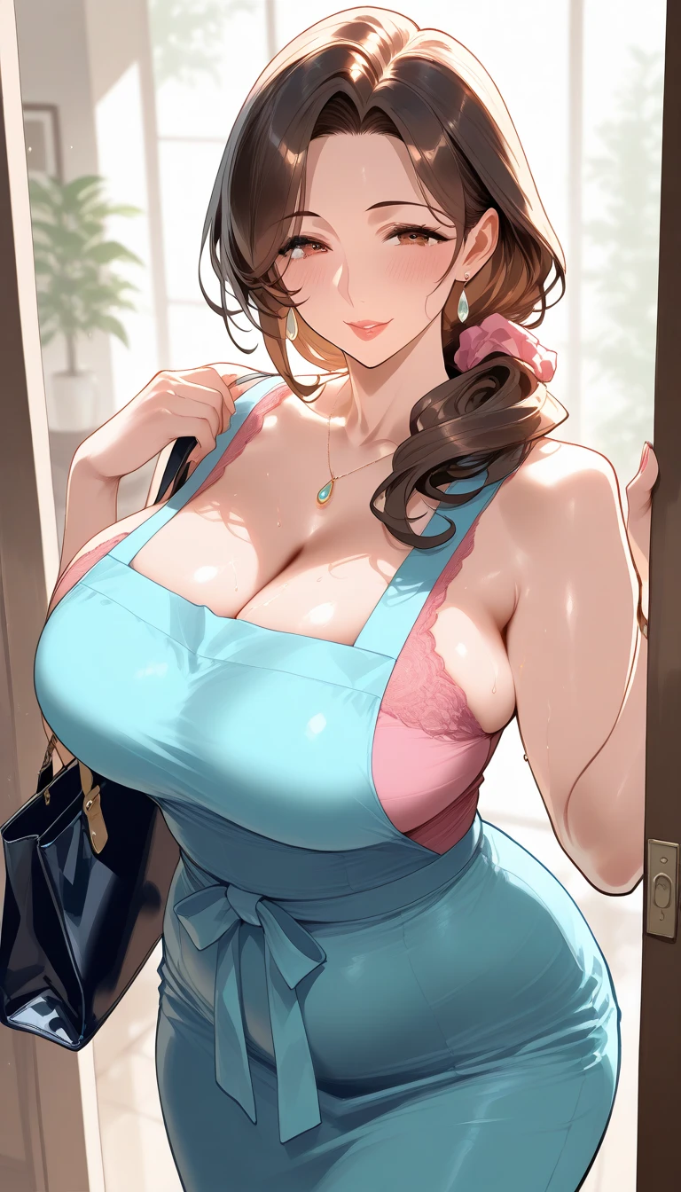 Female 26 years old,housewife,Sunlight,Smile,put on lipstick,Light brown curly short hair,A ponytail on the left,Aqua blue suspender skirt,Slightly plump,huge firm breasts,market shopping,Wearing a watch on the right hand,half moon earrings,Lace