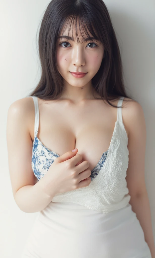 masterpiece, highest quality, 8k, 20th generation, Big Breasts, cute, alone, sad, cute, Girlish,cute 繊細な女の子, cute、Pure beauty, RAW Photos, Professional photography, Portraiture, Soft Light, Professional Lighting, Backlight, avert your eyes, Sophisticated, Film Grain, (Eye and facial details:1.0), Round face、Floating Hair, beautiful, Flowing hair, Asymmetrical bangs、(Big Breasts:1.0)、White cut and sew、pastel cardigan、Micro Mini Skirt、Voluptuous thighs、dolly make、Heterochromia iridis、Midsummer sky、Cumulonimbuidsummer Beach