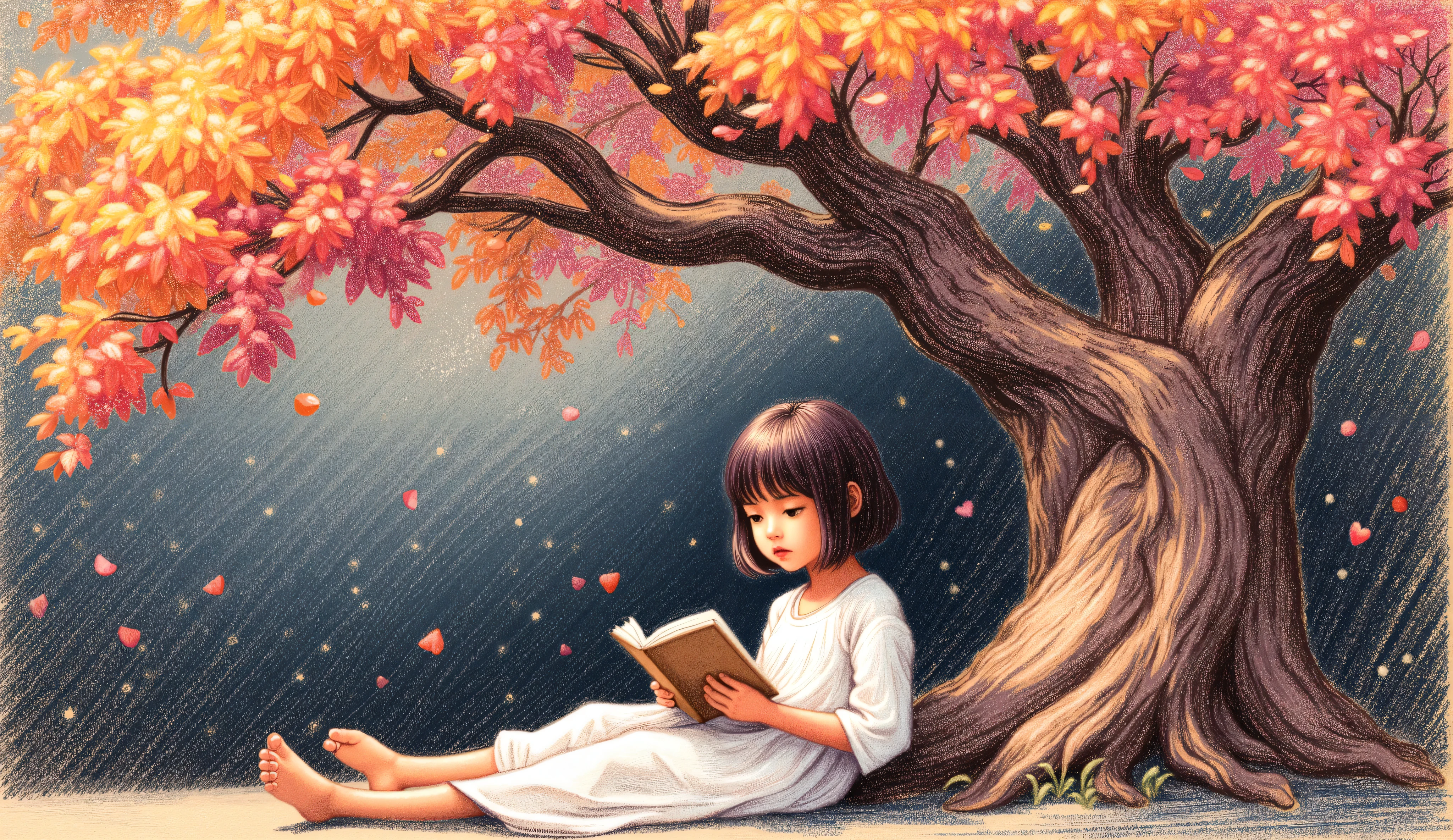 oil pastel, dark background, the girl is sitting under a flamboyant tree reading a book.