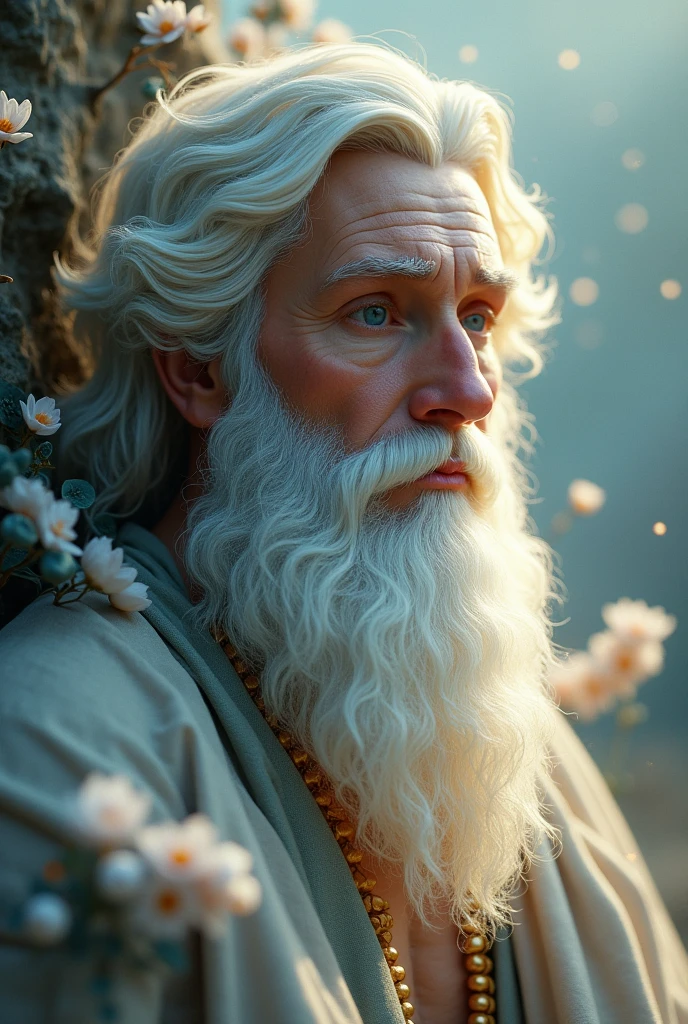 Make a man with long white hair and beard lying on a bed with his eyes open, in a cave, but only showing his face, leave the quality in the style of a 70's fantasy book cover