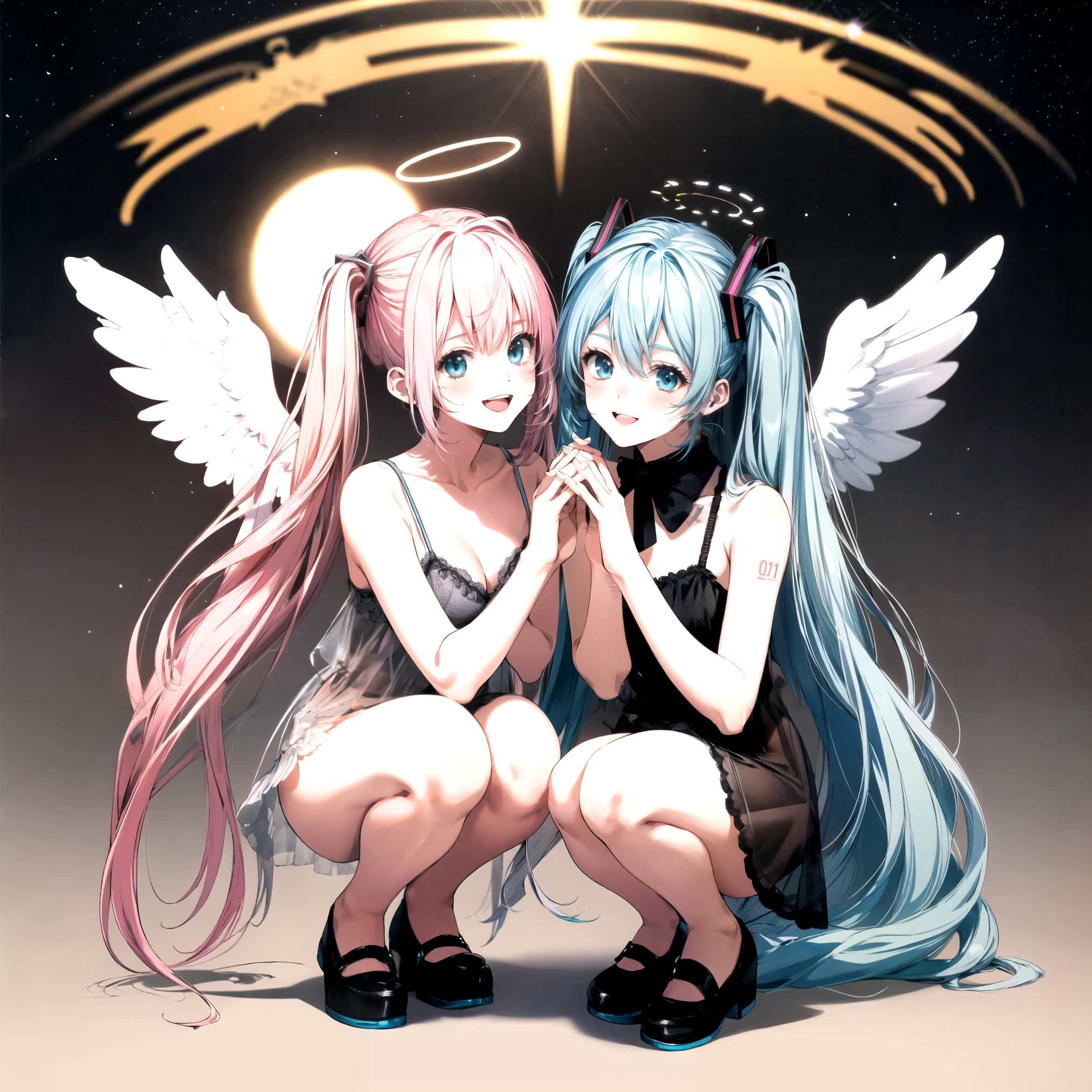 hatsune miku,Megurine Luka, white angel wings,sheer lingerie,An angel is an angel's halo on the head ,praying,high resolution, look, blushes, smiles, opens her mouth, Best Quality, white hair,full body,squatting,2 girls,