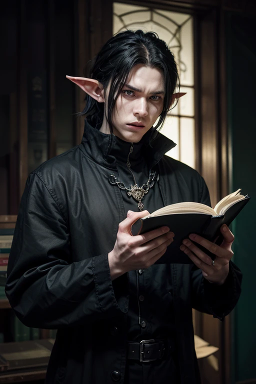 tiefling, male, fantasy character, pale grey skintone, short black hair, pointed ears, tail, horns on his head