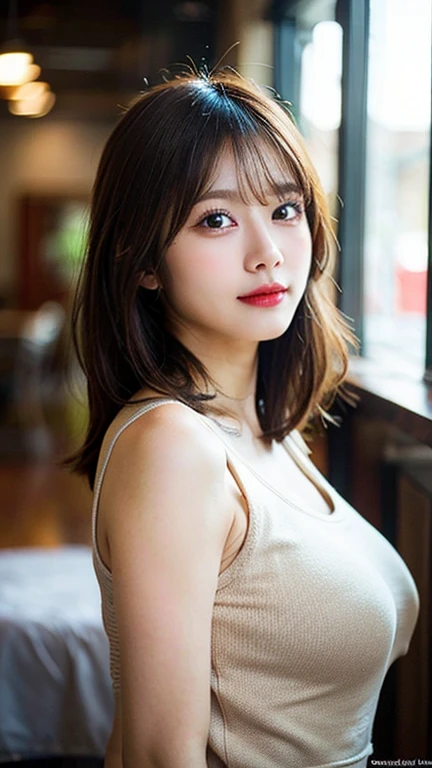 top-quality, realisitic, 8K, 独奏, A smile, ​masterpiece, 1girl in,depth of fields, profetional lighting, hight resolution,cute little,femele, full body Esbian, ​masterpiece:1.2, portlate:0.6,s lips, Mole, Natural Color Lip, Beautiful detailed eyes, masutepiece, Bangs, swim wears、A sexy、big round chest、cleavage of the breast、F-cup