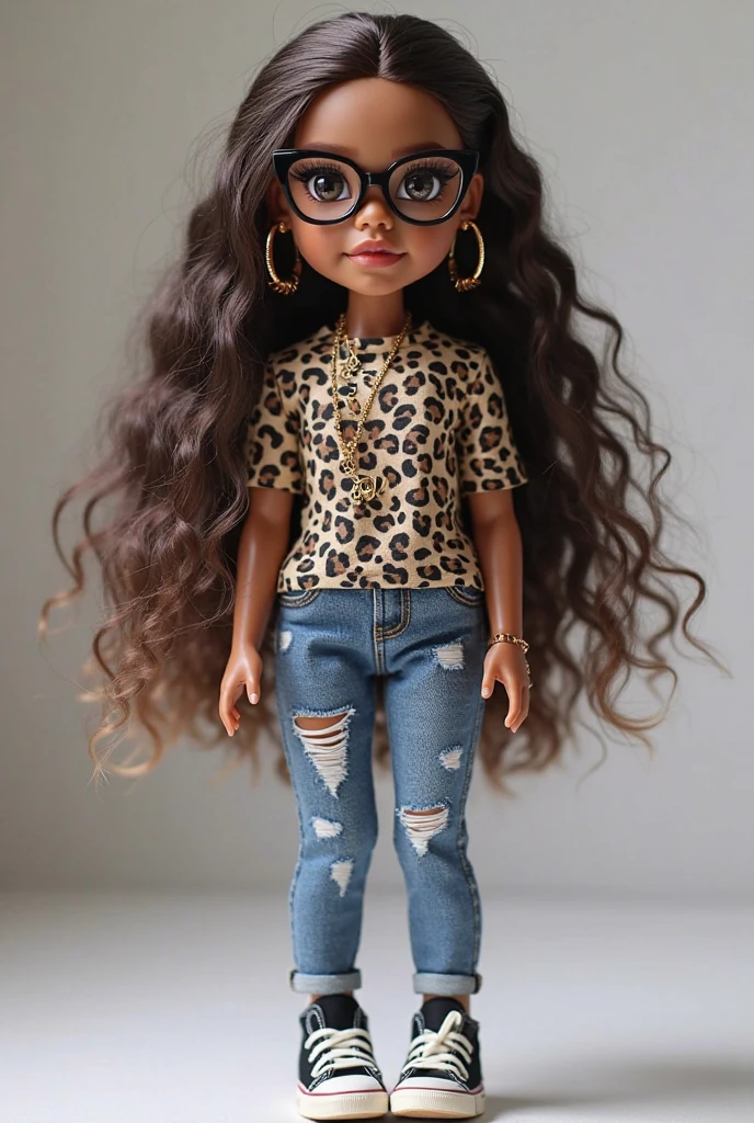 blythe doll with curly hair small eyes with glasses and brown skin wearing an adidas outfit