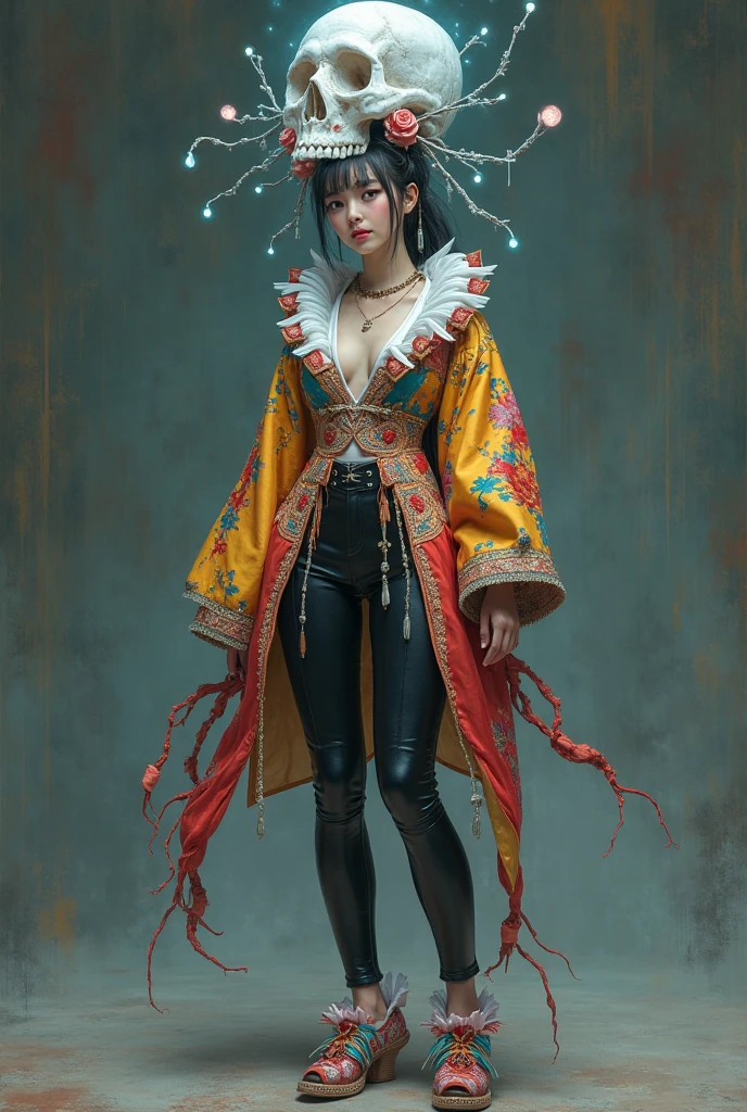 1girl, cyborg , colorful kimono
battle stance, attacking, perspective
gradient detailed arms detailed body
mechanical arms rusty, turtleneck tight
oriental poetic horror
tubes , wires
demons runes
anime 2d illust game
art by Harumi Hironaka Yoshitaka Amano Bill Sienkiewicz Zdzislaw Beksinski