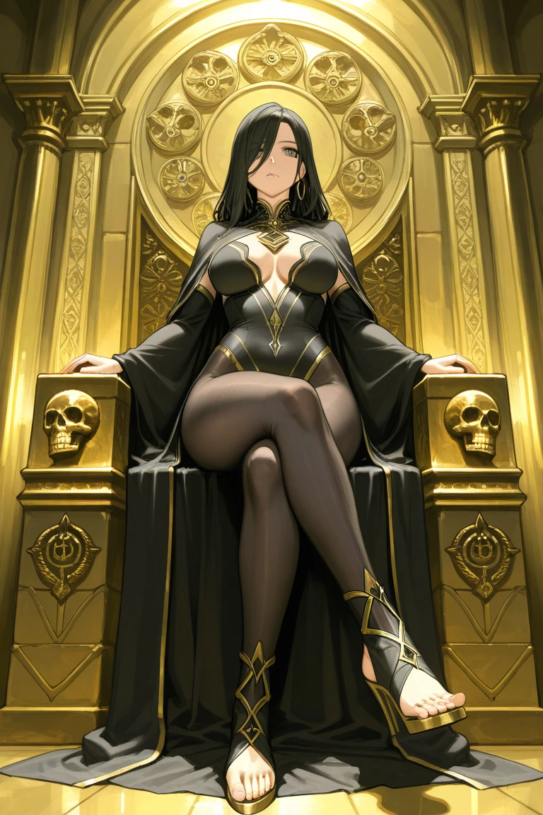 Masterpiece, best quality, Masterpiece, best quality, 1 woman, black skin , long wavy hair, black hair. , eyes are green. , naked , big breasts , abdomen , Long legs , Sit on the throne. , Spread your legs , Barefoot , full body , hall ,
