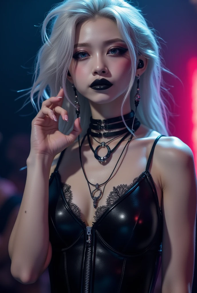 sfw, Tips for the first topic are as follows: quality, 8K, 32k, On a table:1.3), ultra - detailed, (realistically:1.4), white colors, albinism, punk girl, Detailed eyes, Upper part of the body, Luxurious Punk Hairstyle, Avant-garde punk fashion, Avant-garde makeup, numerous piercings, There are a lot of tattoos, streets background, backlight effect, shallowdepthoffield, vague background", wearing bra,((skinny waist)), young asian girl, ((big breasted)),