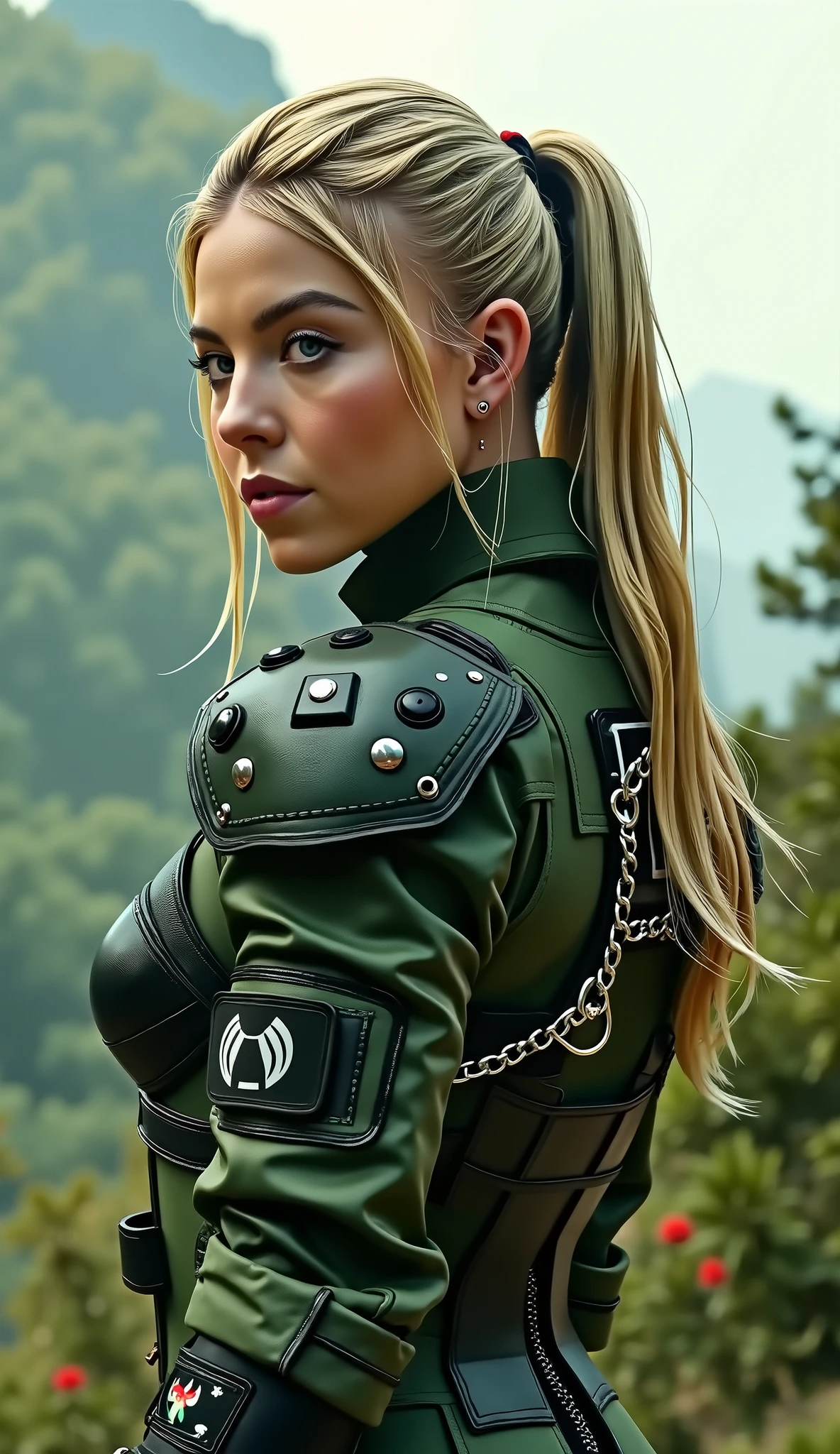 Scarlett Johansson takes on the role of Sonya Blade in an intense and charismatic reinterpretation of the iconic soldier of * mortal kombat*. Wearing a green and black tactical uniform , reinforced with protection plates and military details , she exudes a strong and determined presence , ready to face any challenge on the battlefield . Her blond hair tied in a ponytail highlights her crisp and confident appearance , reflecting years of training and military discipline . Scarlett embodies Sonya's essence with perfection : A fearless warrior , driven by justice and with an unparalleled skill in close combat . Her blows are fast and precise , combining martial arts with attack and military defense techniques . Armed with her iconic energy devices , she executes her attacks with lethal precision , throwing bright green projectiles at her enemies and ending with devastating acrobatics . Her steadfast posture and tone With a determined voice, they make it clear that She accepts no flaws and is always in control of the situation. With her fusion of force , intelligence and charisma, Scarlett Johansson as Sonya Blade redefines the elite soldier , bringing a modern warrior , fearless and utterly ruthless . in the background, an ultra-realistically rendered city rendered on Unreal Engine 5 with 8K resolution or higher flawless skin texture. Bottom: Dense forest, Greg Rutkowski style . dramatic lighting. 8k. 8k, rendered in Unreal Engine 5 realistic background Ultra-detailed textures, Cinematogr lighting