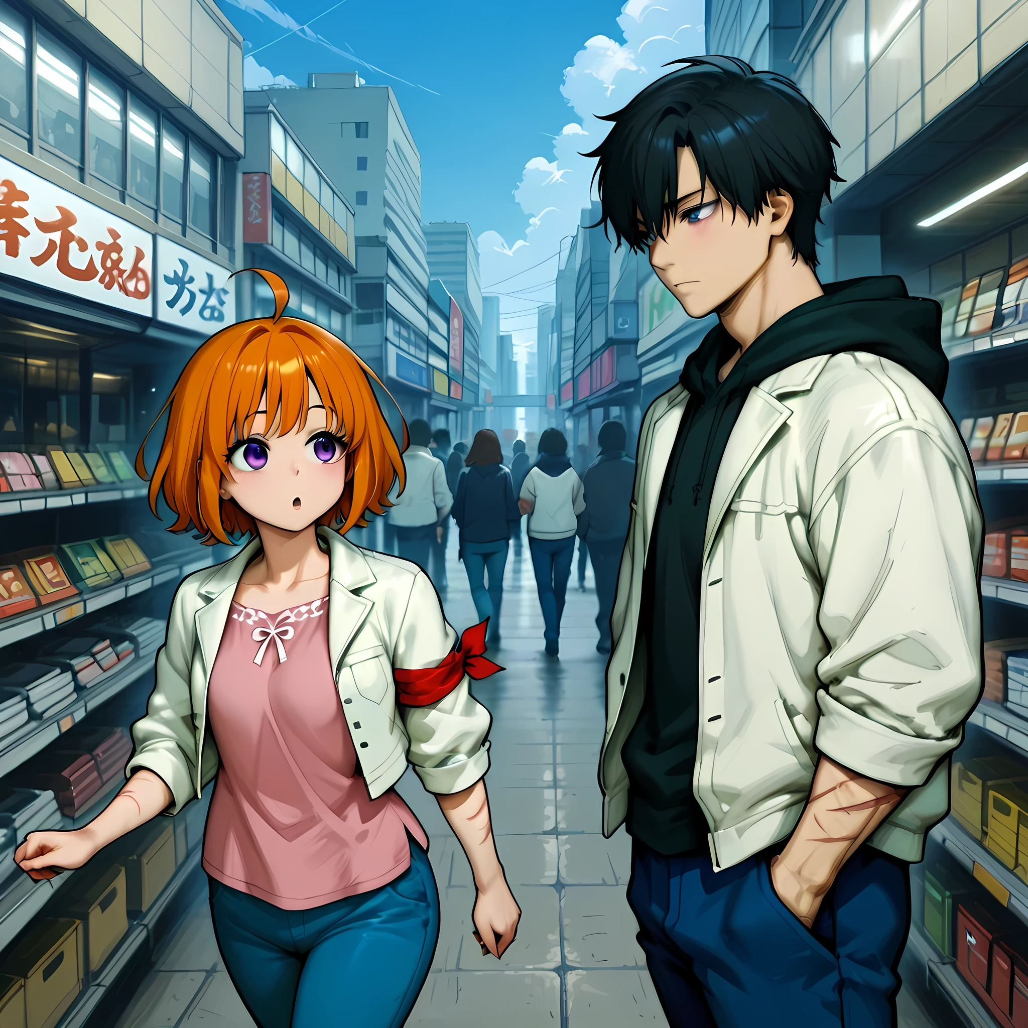 {Sung Jin-woo}:((man with a confident look, man with a toned body, messy black hair, ahoge hair, orange hair strands, scars on arms, blue long pants, white jacket with black hood, cloth armbands, pink blouse under jacket, purple eyes)) | (Doujin hentai style Ano Danchi No Tsuma-tachi Wa... Animation), ((side angle, perfectly detailed scenery, better image quality, full HD, Japanese anime city, street of an anime city, shopping center, several people walking around)).