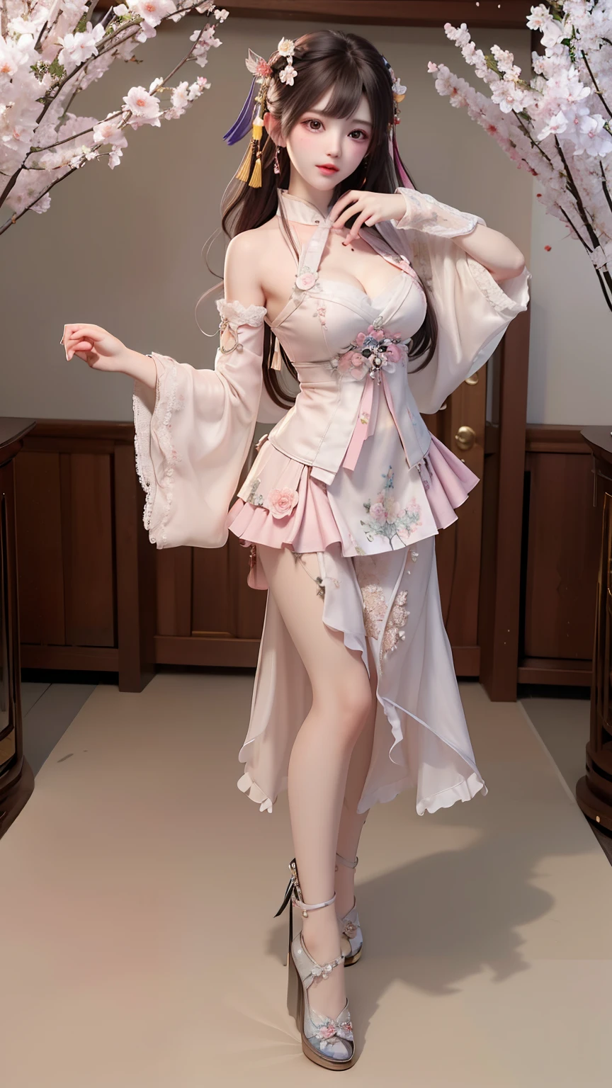 (masterpiece), high details, high quality, photorealistic, hyper-detailed, realistic skin texture, perfect face, (a beautiful elegant woman, fierce girl), gorgeous woman, Dashing girl, cool girl, luxury, (light smile), elegant demeanor, luxury, (platinum blonde hair with pink tips, multicolored hair, colored inner hair), pink eyes, (full details Cheongsam shirt, cropped, See-through sleeves, puffy sleeves, pleated skirt, light red trim), height heel, hourglass body shape, ((huge breasts:1.2), wide hips, huge hips), thick thighs, Extremely detailed skin texture, beautiful detailed realistic skin definition, (perfect detailed beautiful determinate face), Extremely aesthetic, (immersive), stylish, fantasy mixed realistic art style, Extremely detailed realistic clothing, ((twilight, cherry blossom, glow lanterns, wall art style graffiti glow art, Hip Hop Graffiti glow art in background)), pink and gold colors schemes, glossy lips, eyeshadow, lipstick,