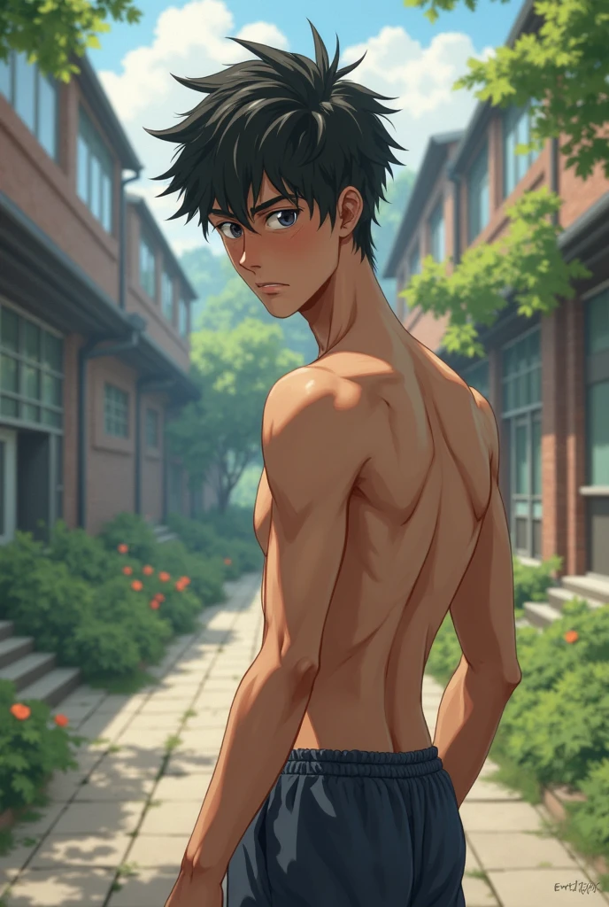 shirtless back bare chest dsnudo  serious male pensive wearing the same boy, piel oscura cabello azul largo y lacio no mira al espectador, Third Shot looks at the 15-year-d clookiout from the gloomy city balcony, nunca mira ala camara. , Straight blue hair if shirt standing on a terrace looking at a strange city, tiene mirada triste,