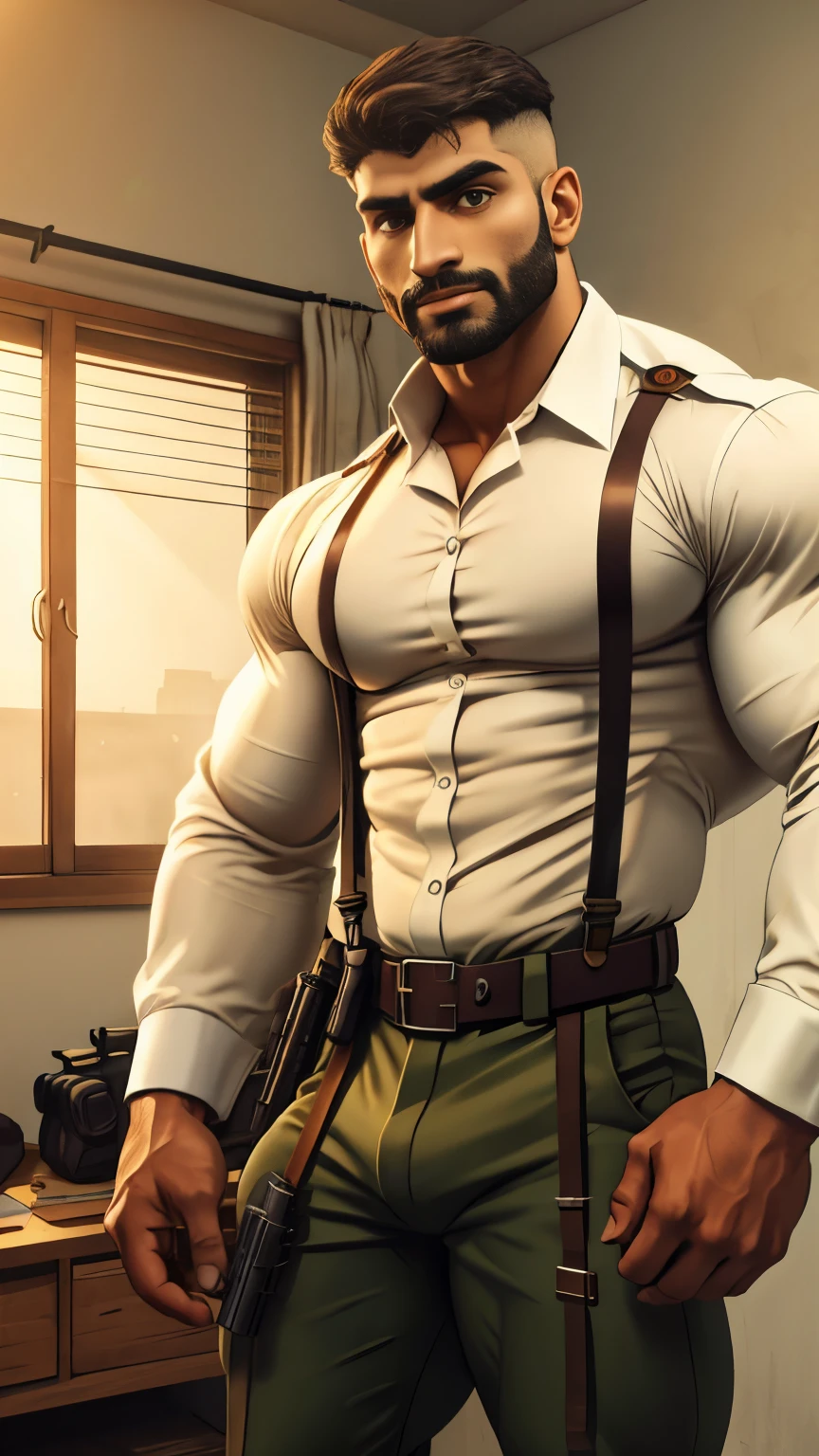 A perfect muscular indian turkish commando beared young boy weared suspenders with gun at waist background is white walls room and getting ready for work, masterpiece