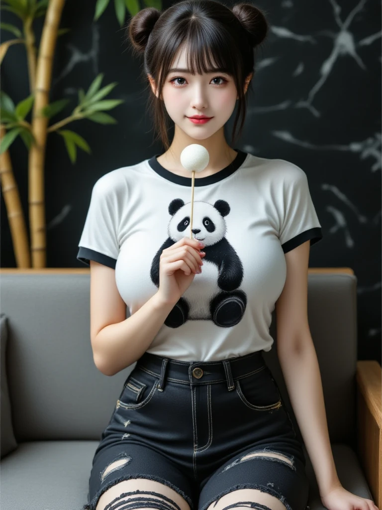 Uma mulher muito charmosa com seu panda curtindo um lindo passeio de primavera cercada por girassois e natureza. The illustration is a high definition illustration in 4K resolution, apresentando recursos faciais altamente detalhados.