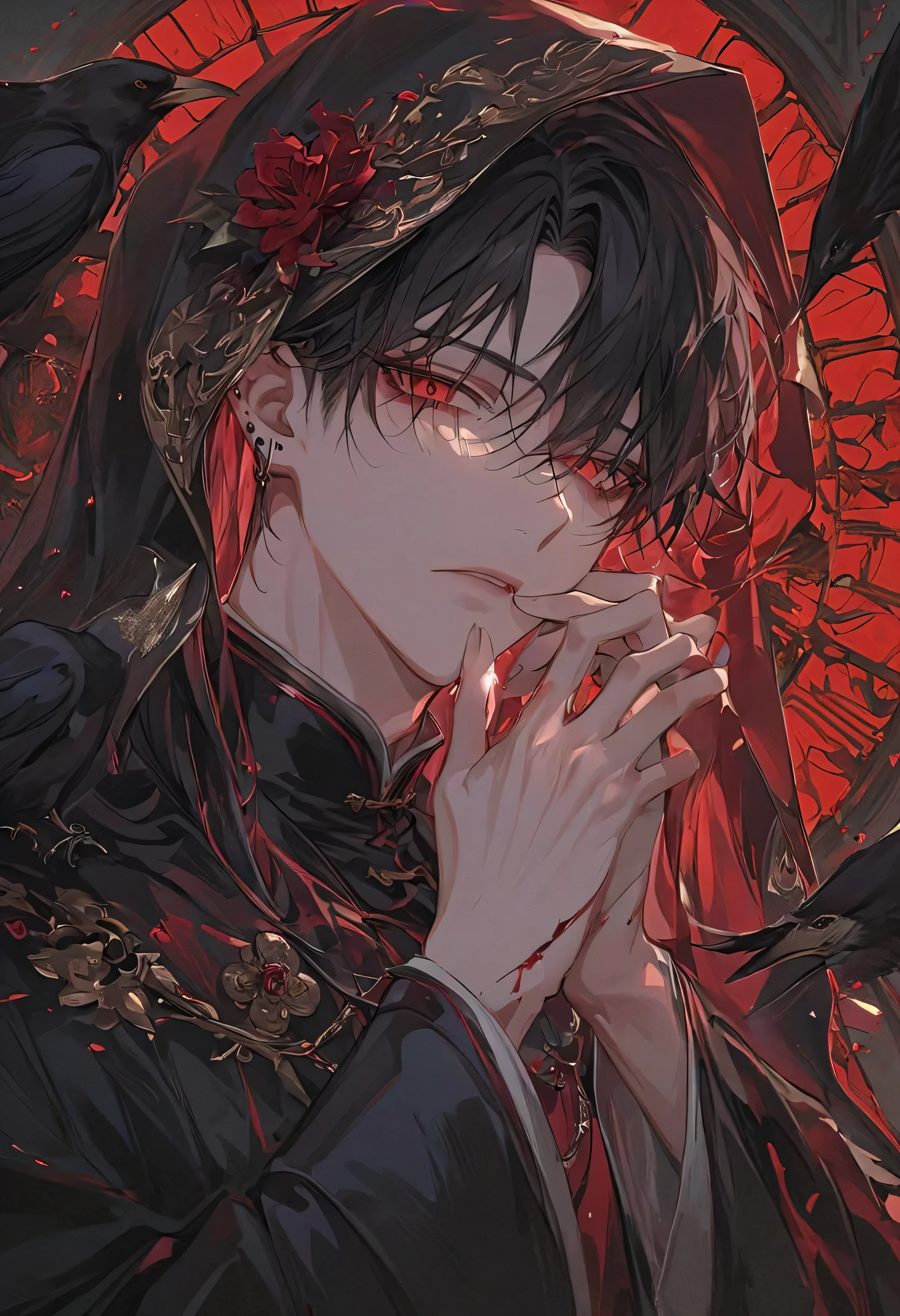 "A hyper-detailed, ultra-high-definition anime-style illustration of a male character draped in a dark, translucent veil, whispering a forbidden prayer. His long, raven-black hair spills over his shoulders, strands catching the dim candlelight. His piercing crimson eyes burn with both devotion and torment, framed by high cheekbones and a sharp jawline. His lips tremble as he utters ancient words. He wears an obsidian-black robe with blood-red embroidery, intricate arcane symbols woven into the fabric. The background is a ruined cathedral, its stained glass shattered, moonlight filtering through the dust-filled air."